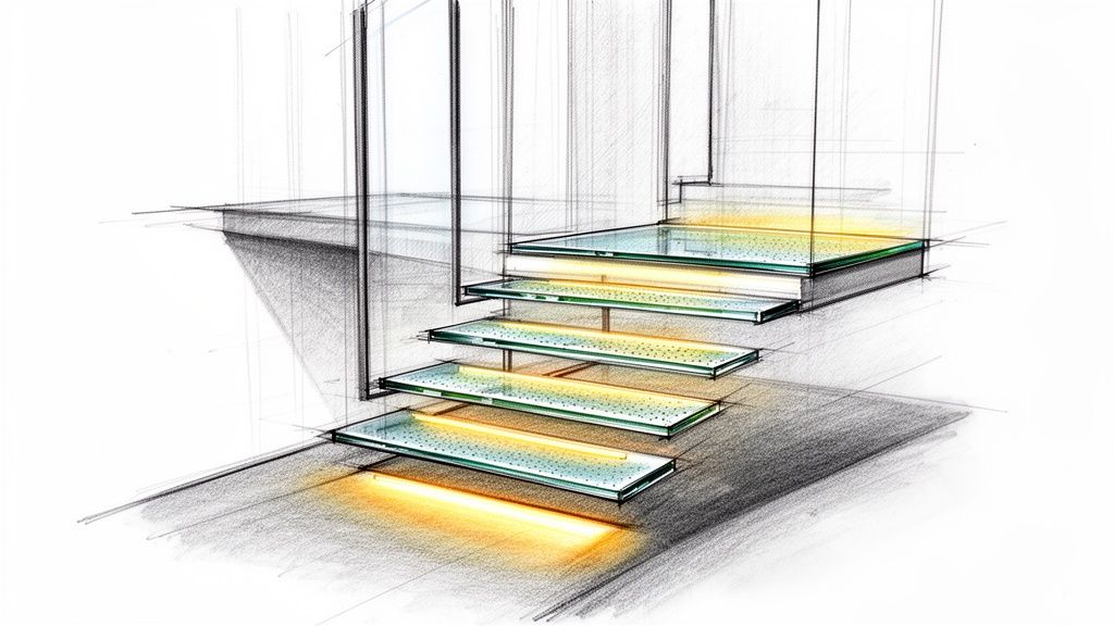 A detailed sketch of modern floating glass stairs featuring integrated warm yellow illumination.