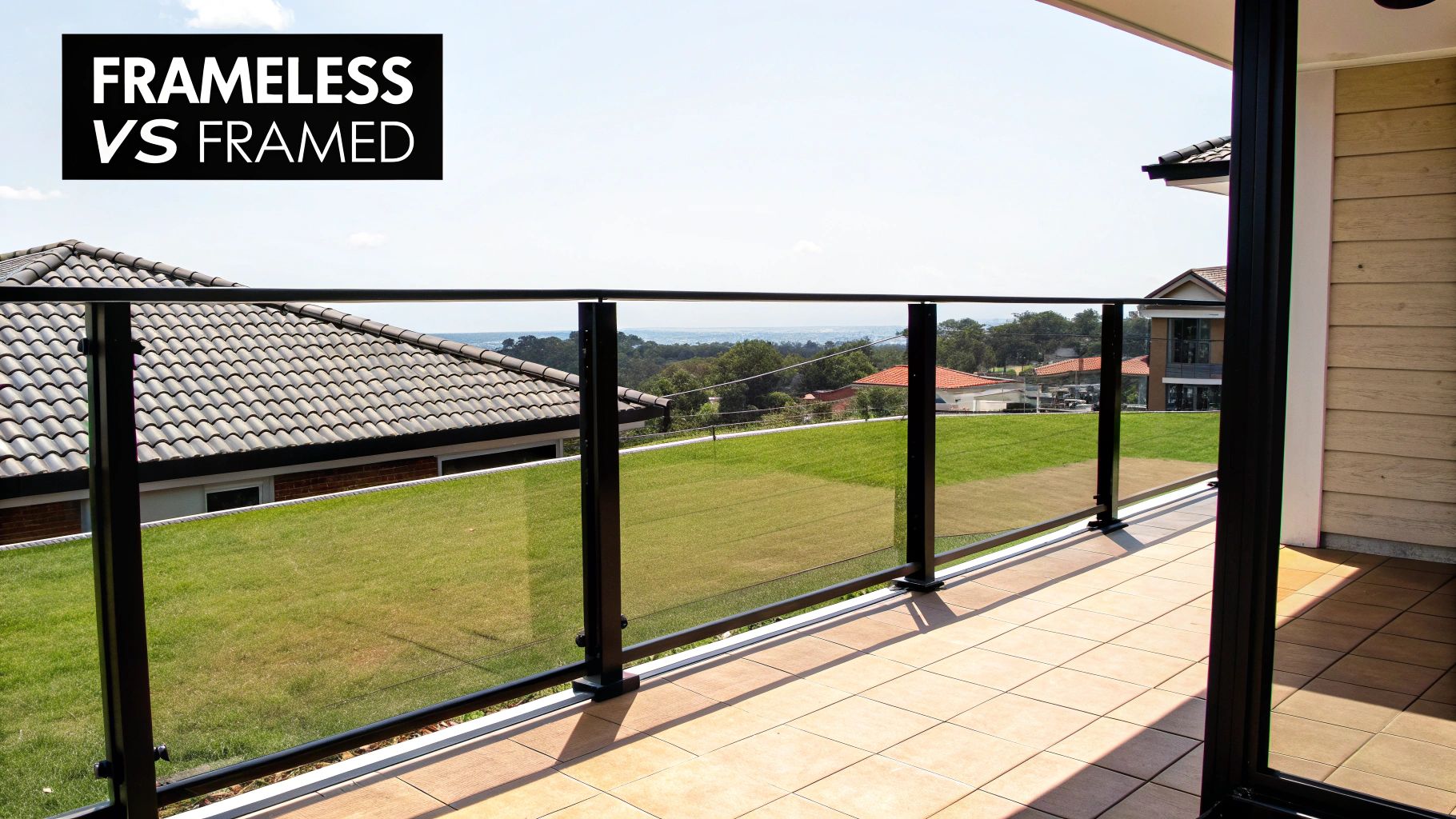 A modern balcony featuring a framed glass balustrade overlooking a green lawn and distant ocean.