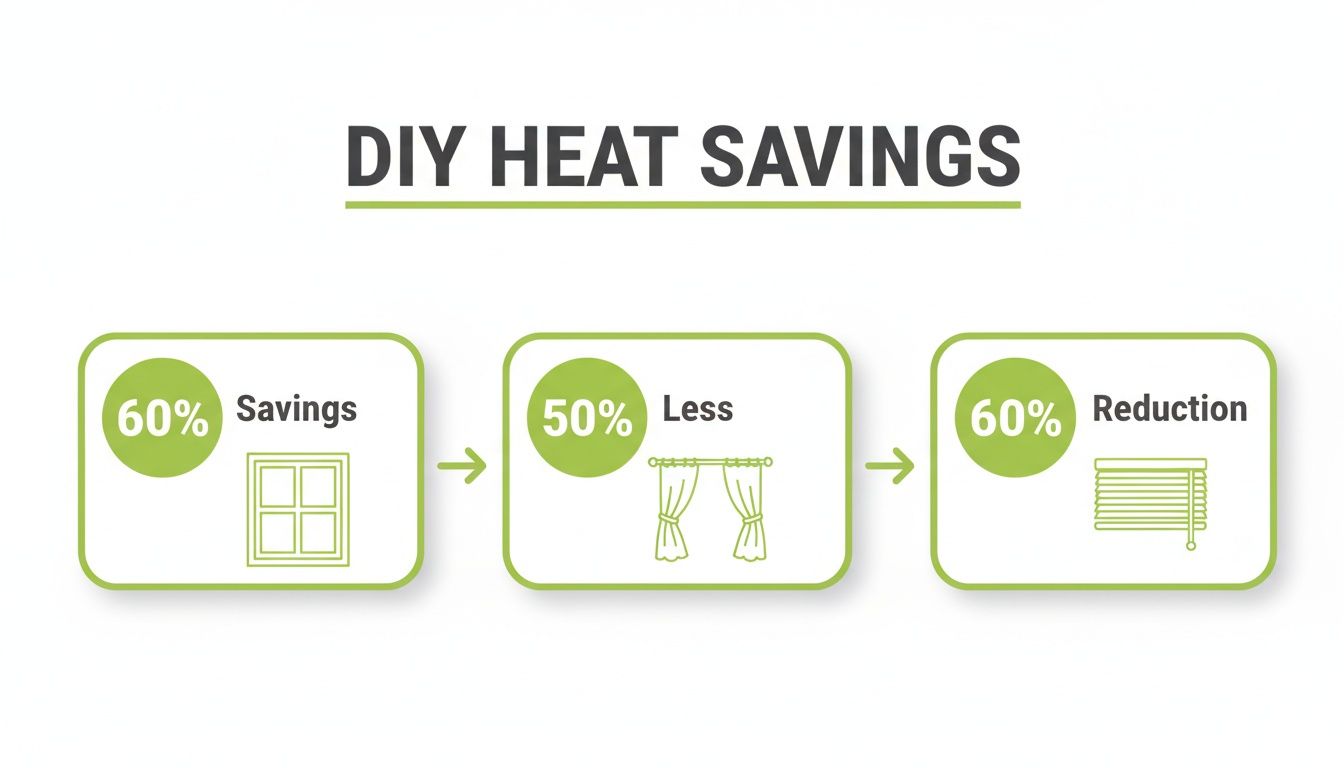 Infographic showing DIY heat savings methods for windows: 60% savings with window treatment, 50% less heat loss with curtains, and 60% reduction with blinds.