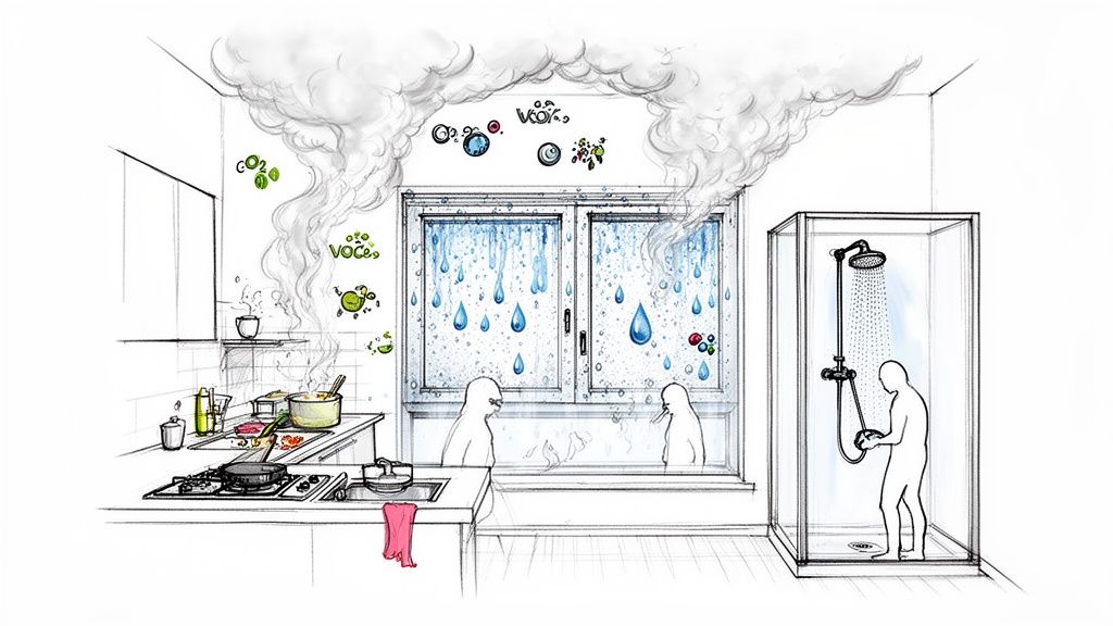 Illustration showing poor indoor air quality from cooking and showering, with CO2 and VOCs present.