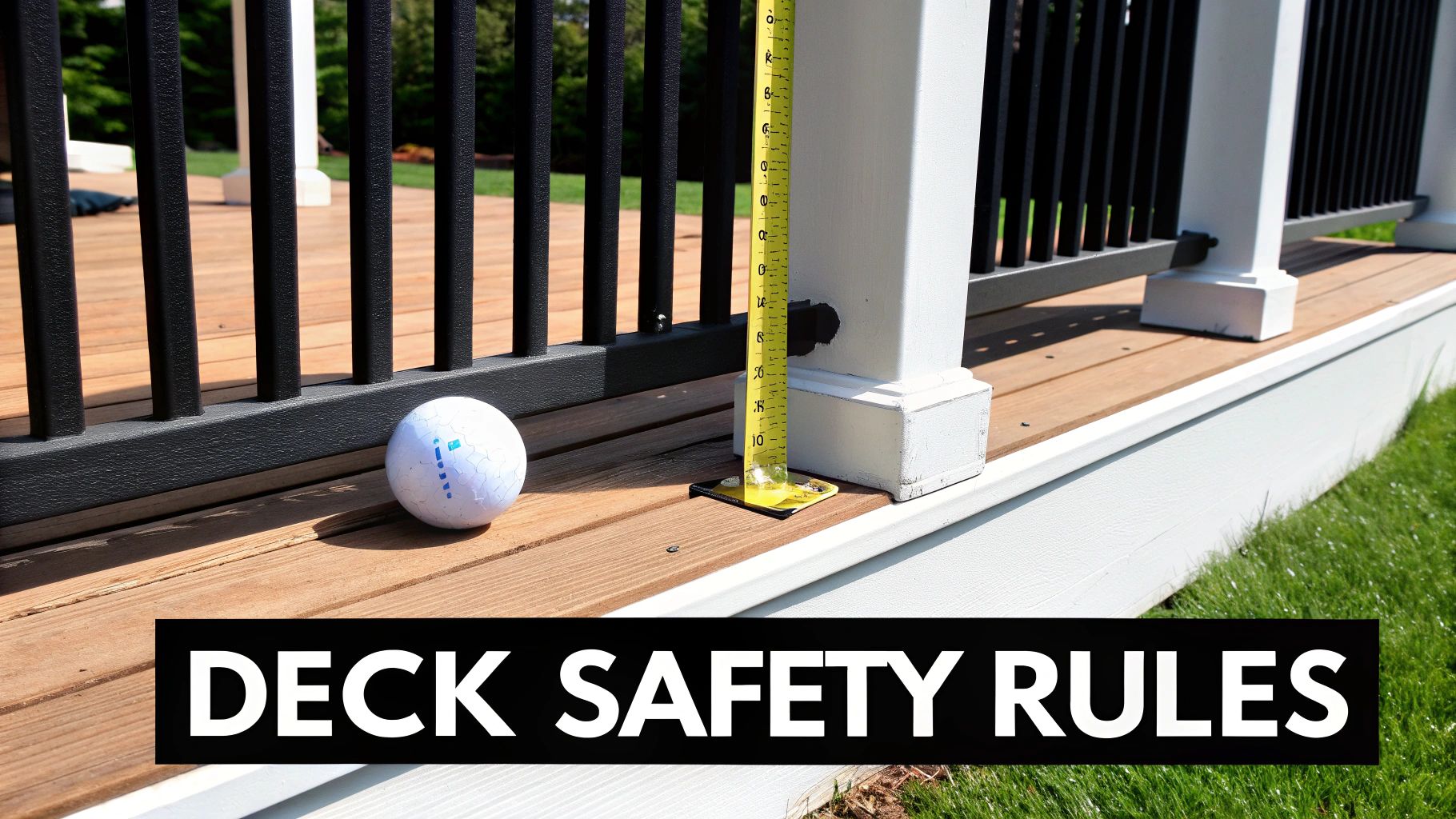 A white golf ball and a measuring tape on a wooden deck checking railing gap for safety.