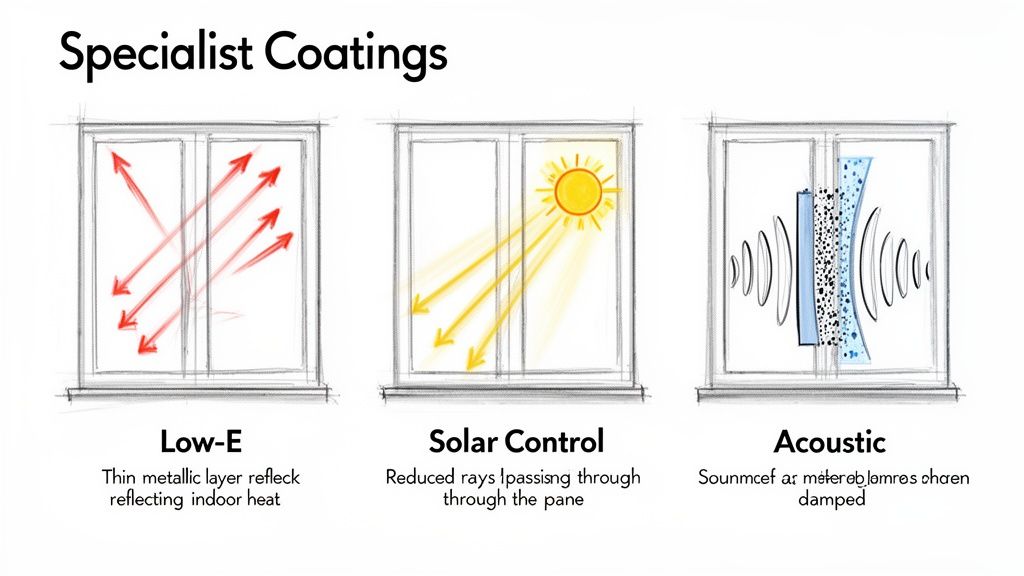 Illustration of Low-E, Solar Control, and Acoustic specialist coatings demonstrating window performance benefits.