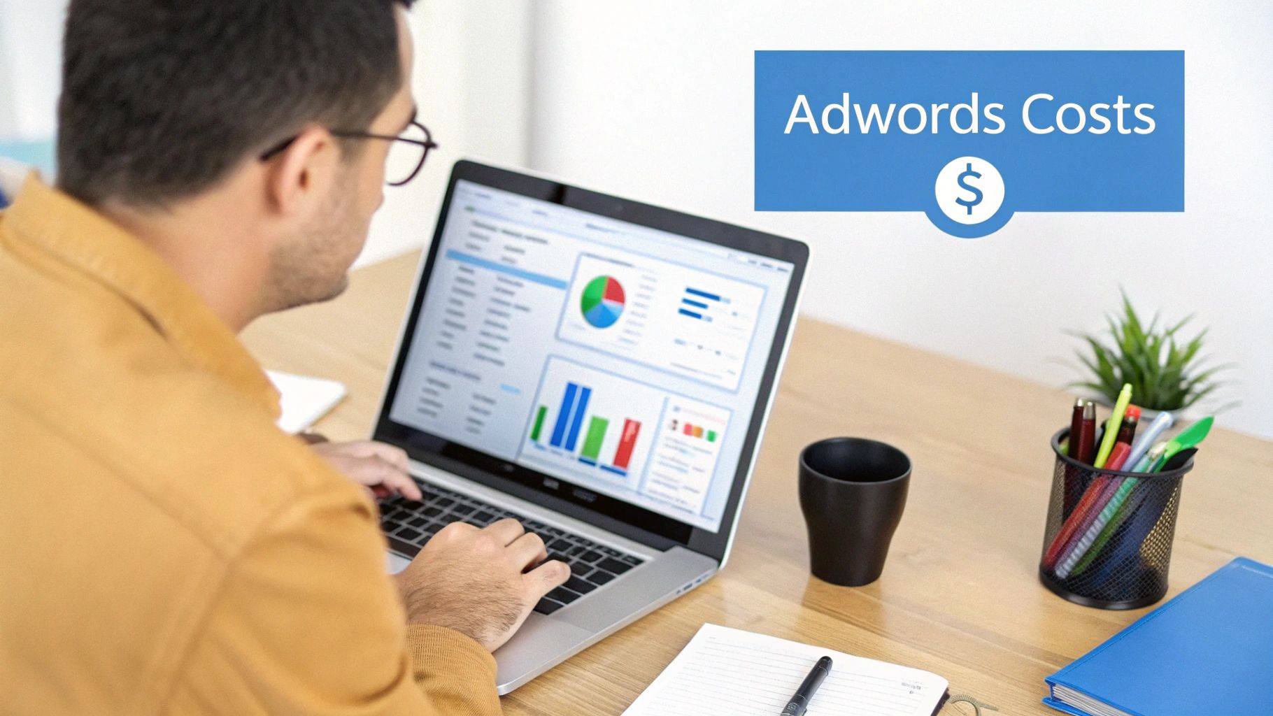 Man in glasses typing on a laptop, analyzing Adwords costs with charts and graphs.