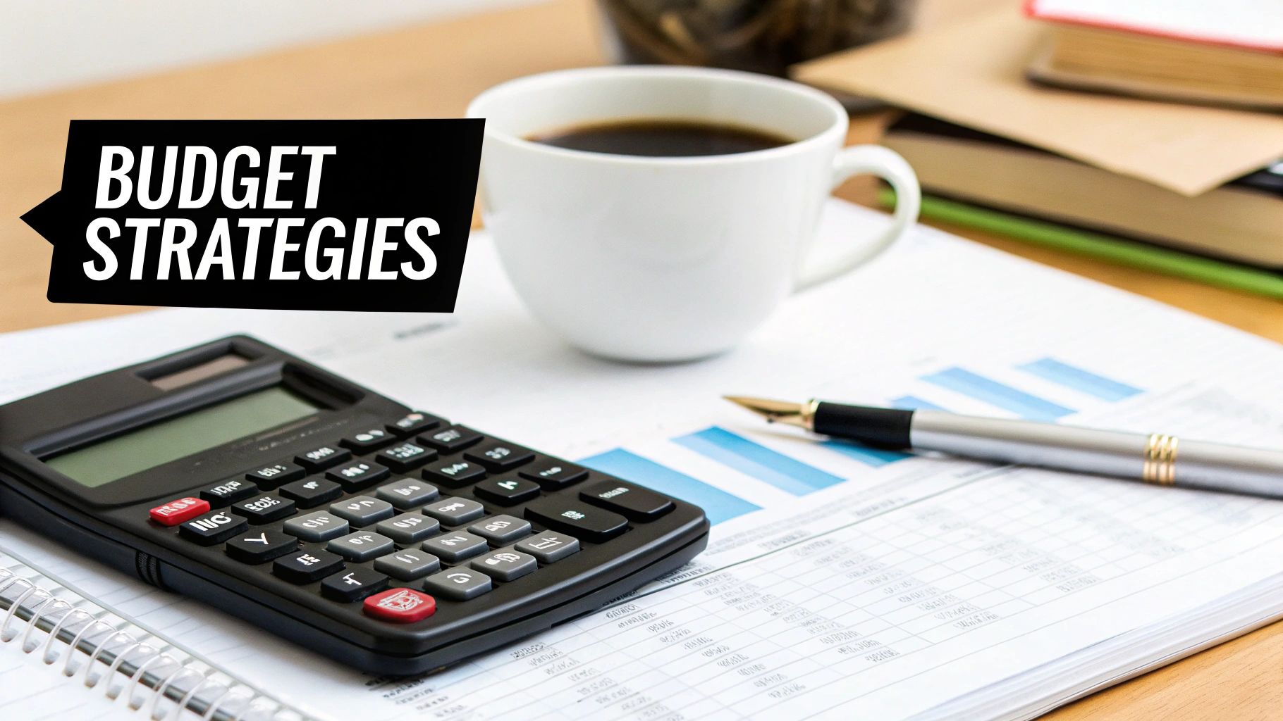 Calculator, coffee cup, and report papers used to plan Budget Strategies for How Much Does Advertising Cost on Google.