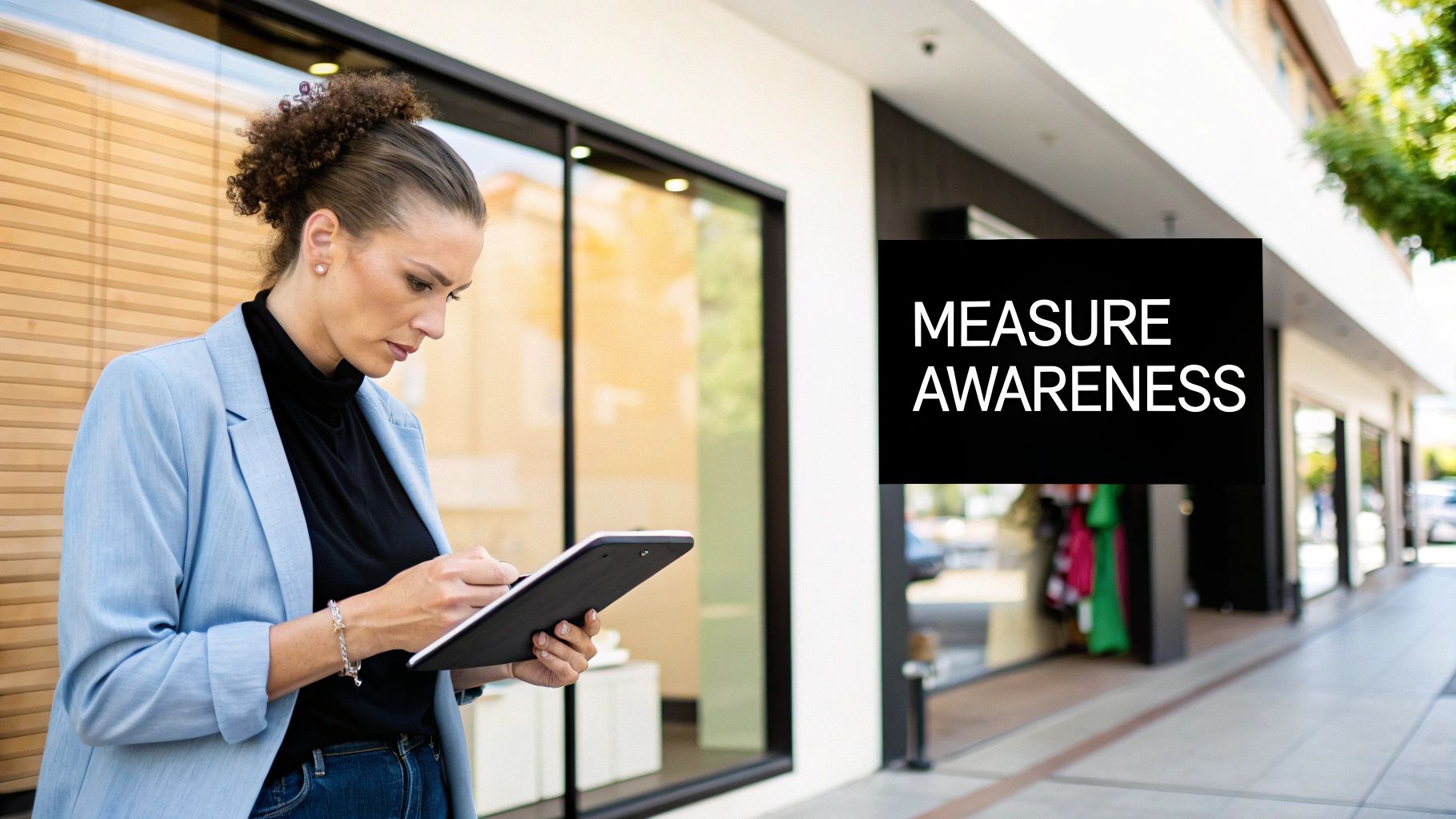 A person pointing at charts and graphs on a large screen, indicating data analysis and measurement.