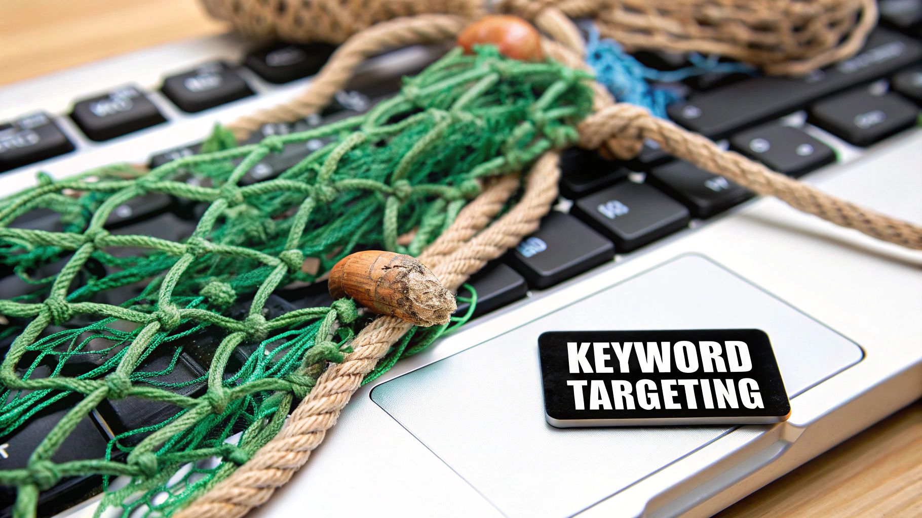 Keyword targeting concept for PPC on Amazon shown with a fishing net over a laptop keyboard.