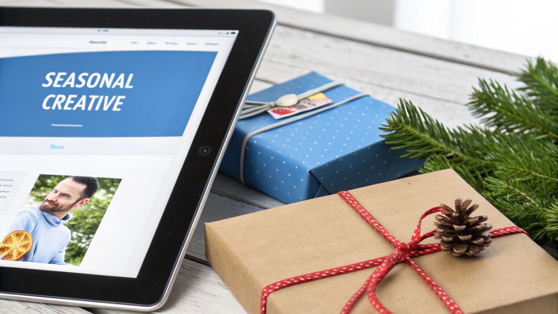 Seasonal PPC Strategies Creative Development Seasonal PPC Strategies creative planning with tablet and holiday gift elements