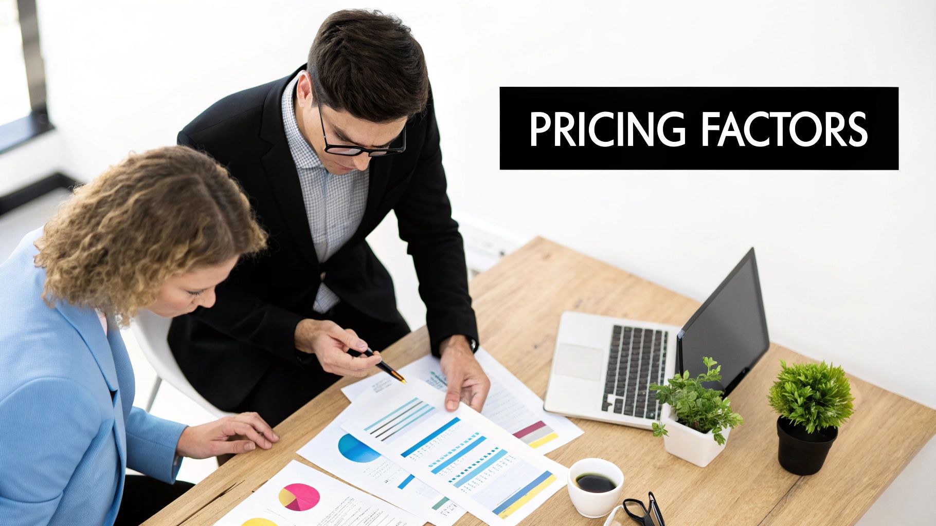 Business professionals reviewing documents related to Google Ads Agency Pricing factors.