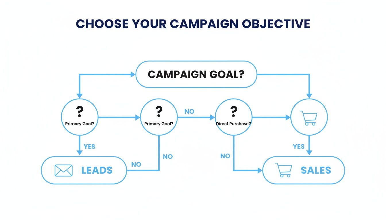 Flowchart illustrating how to choose a campaign objective, leading to either leads or sales.