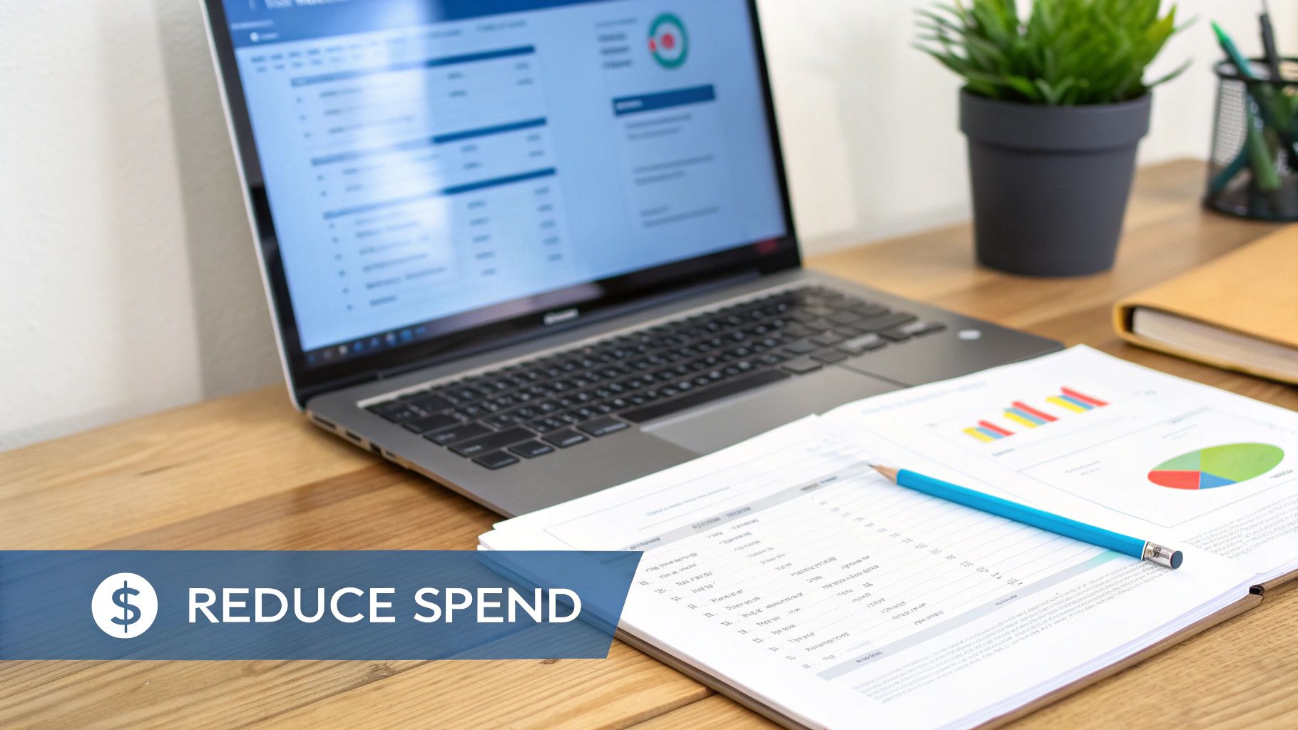 Desk with a laptop displaying financial data, documents with charts, and a 'REDUCE SPEND' banner.