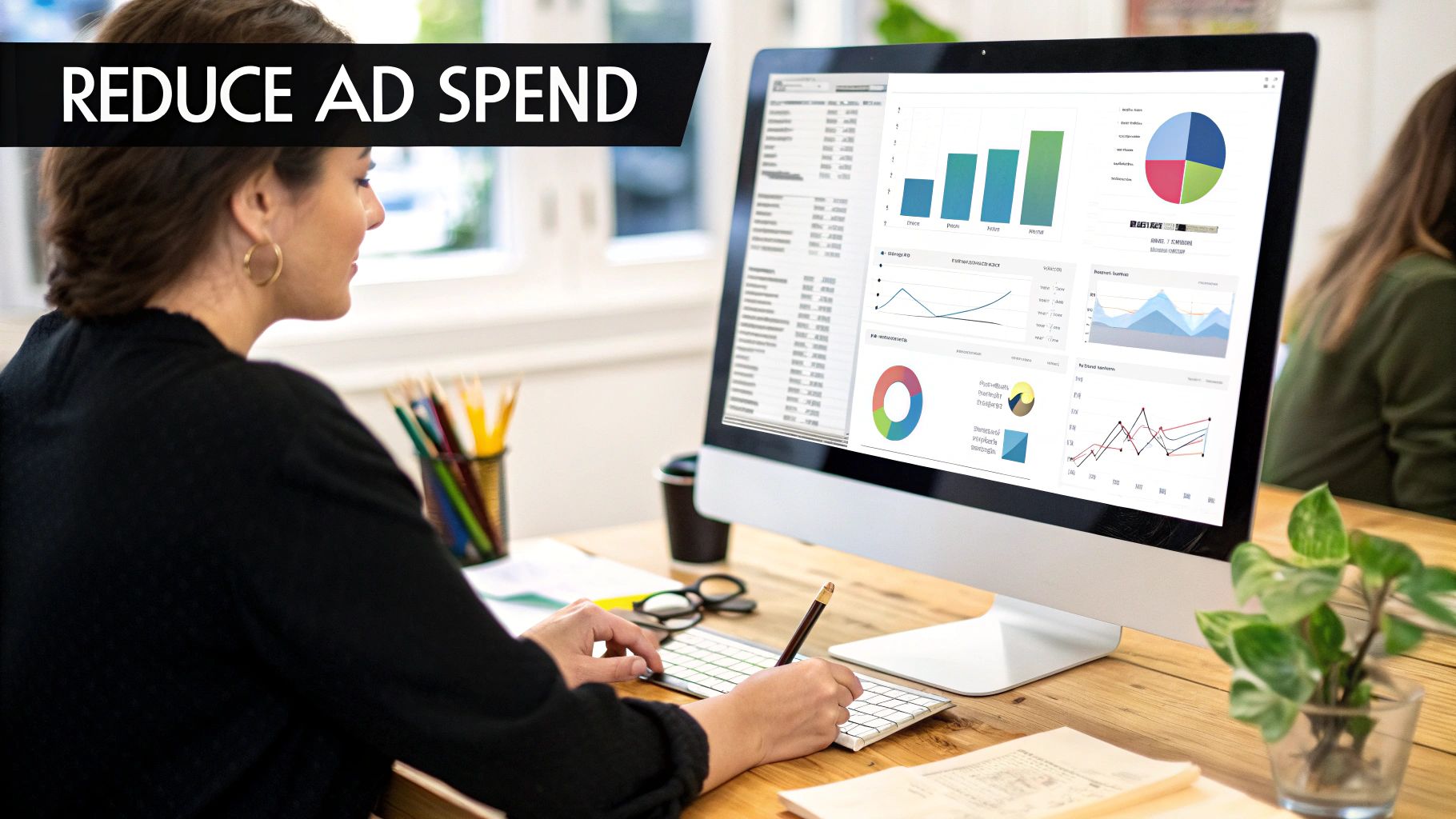 Reducing Ad Spend – How Much Does a Google Ad Cost in the UK Woman analysing ad performance dashboards to reduce ad spend, linked to How Much Does a Google Ad Cost in the UK
