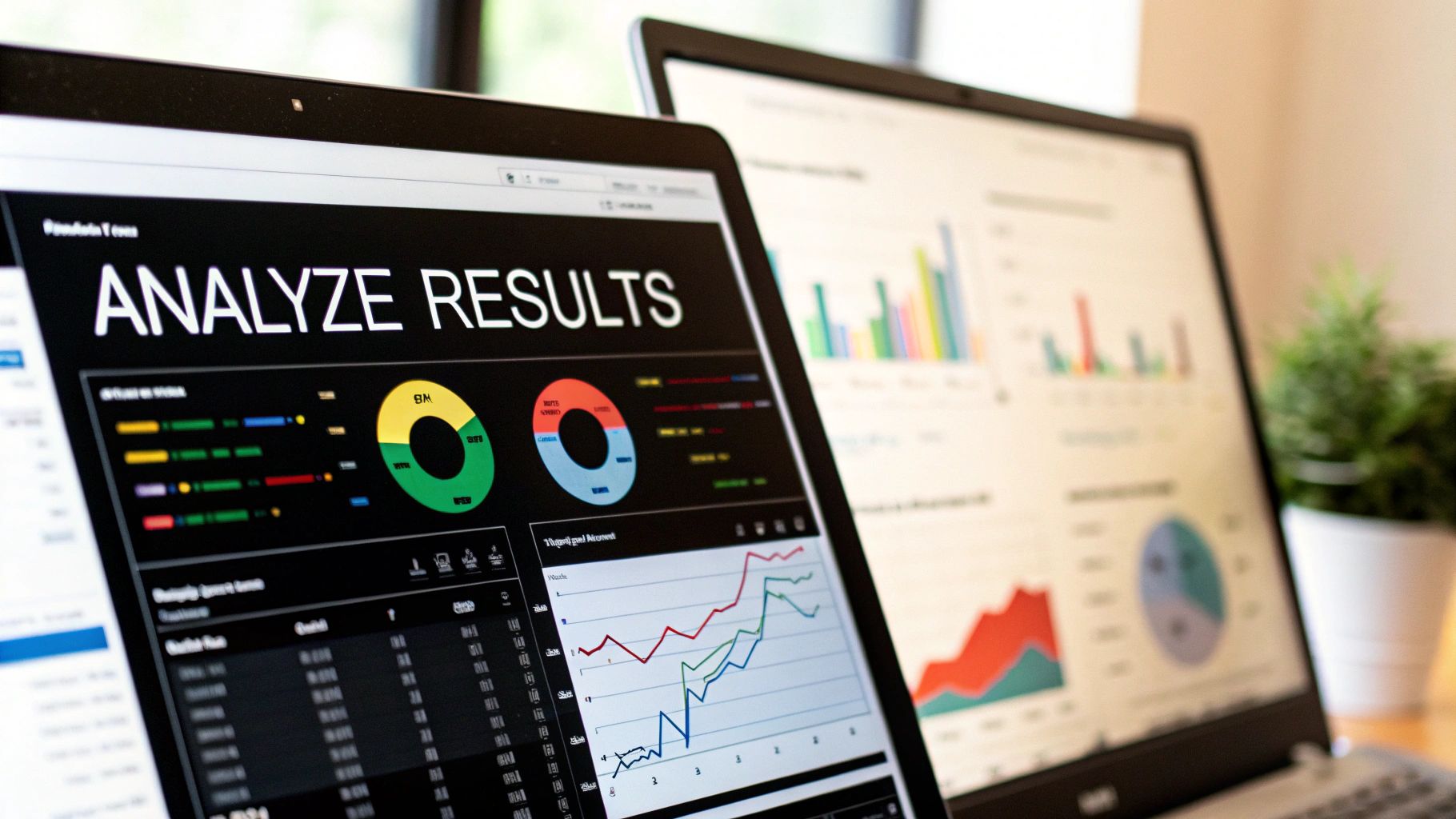 Two laptops displaying various marketing analytics, charts, and graphs, with the text "ANALYZE RESULTS" prominently featured on the screen in the foreground. This visual represents a key step to manage marketing campaigns effectively.

