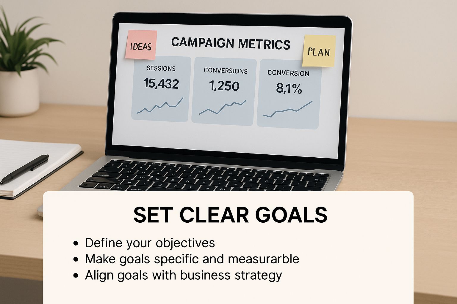 Setting Clear Goals in Amazon Pay Per Click Advertising Set clear goals for Amazon Pay Per Click Advertising campaigns showing metrics on laptop.