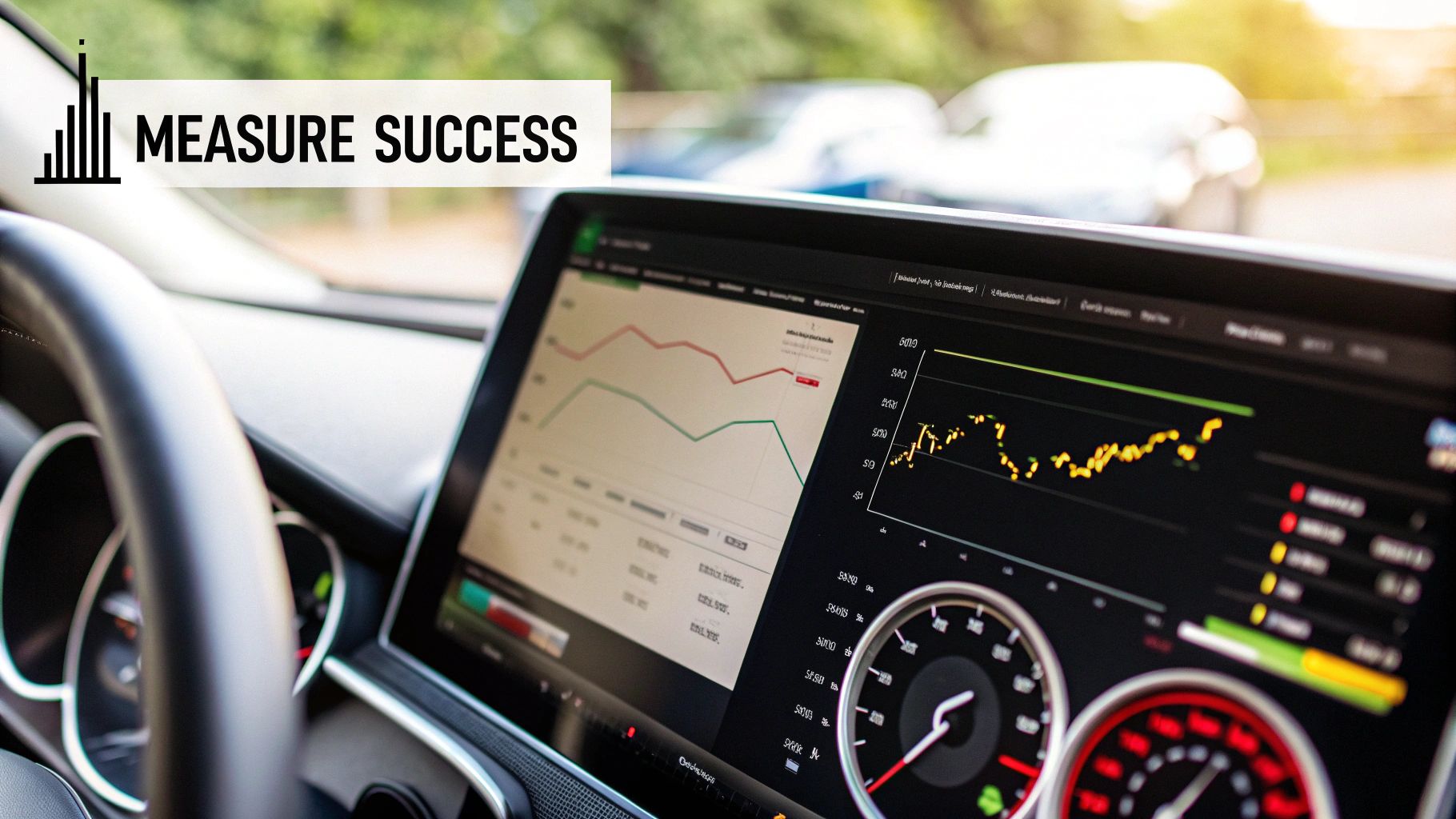 A digital dashboard showing key performance marketing metrics like ROAS, CPA, and CLV with upward-trending graphs.