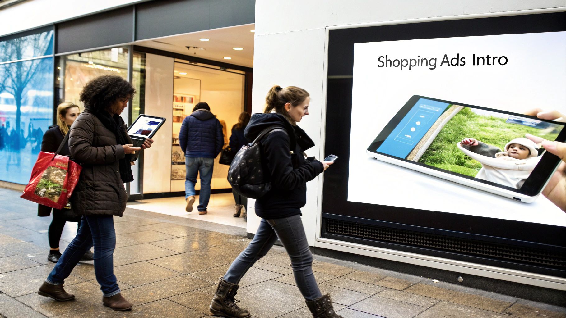Outdoor Display Promoting Google Shopping Ads for Ecommerce People walking past a large digital billboard showing Google Shopping Ads for Ecommerce on a tablet screen.