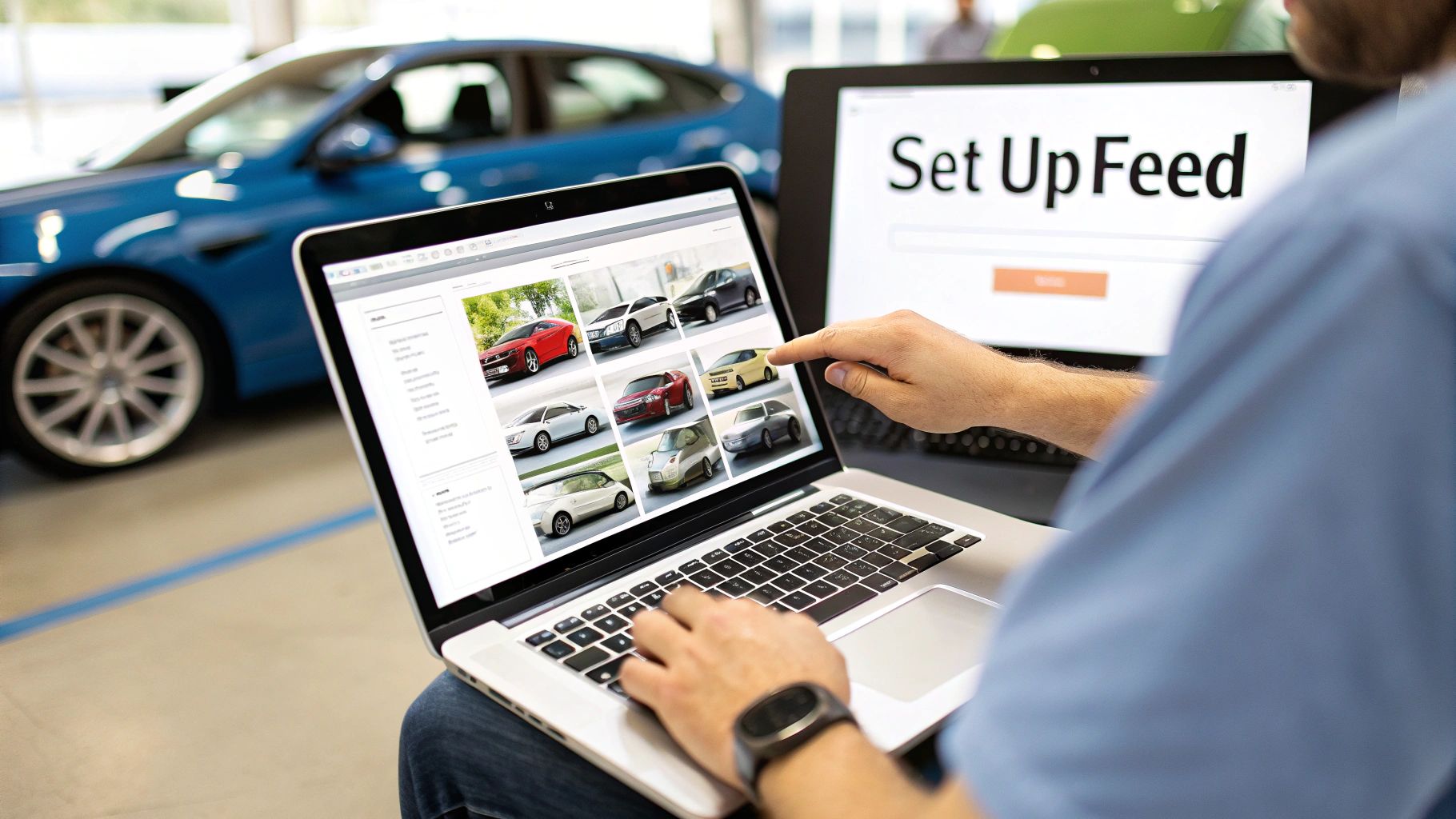 Setting Up a Google Merchant Center Feed for Vehicle Listings Person setting up a Google Merchant Center Feed for car listings on a laptop