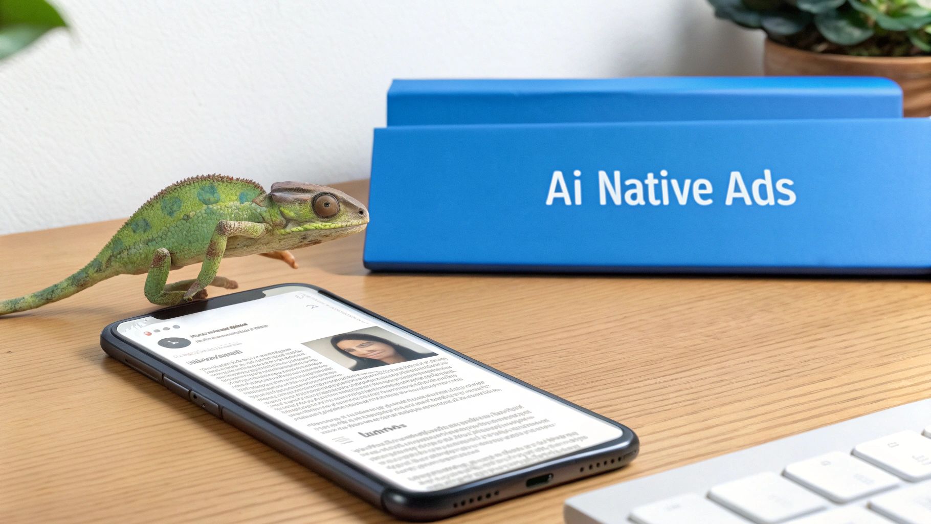 AI Native Ads That Adapt to User Context AI Native Ads illustrated with a chameleon adapting beside a smartphone to show seamless, context-aware advertising