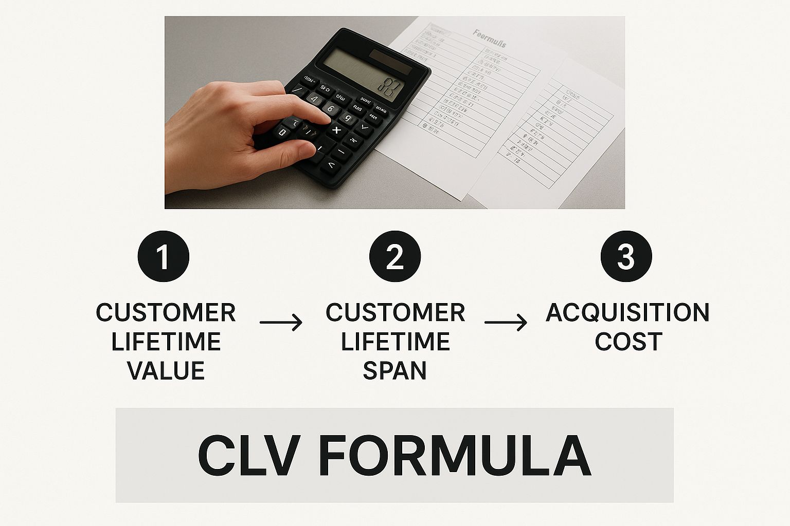 CLV formula showing how to calculate customer lifetime value using lifetime span and acquisition cost.