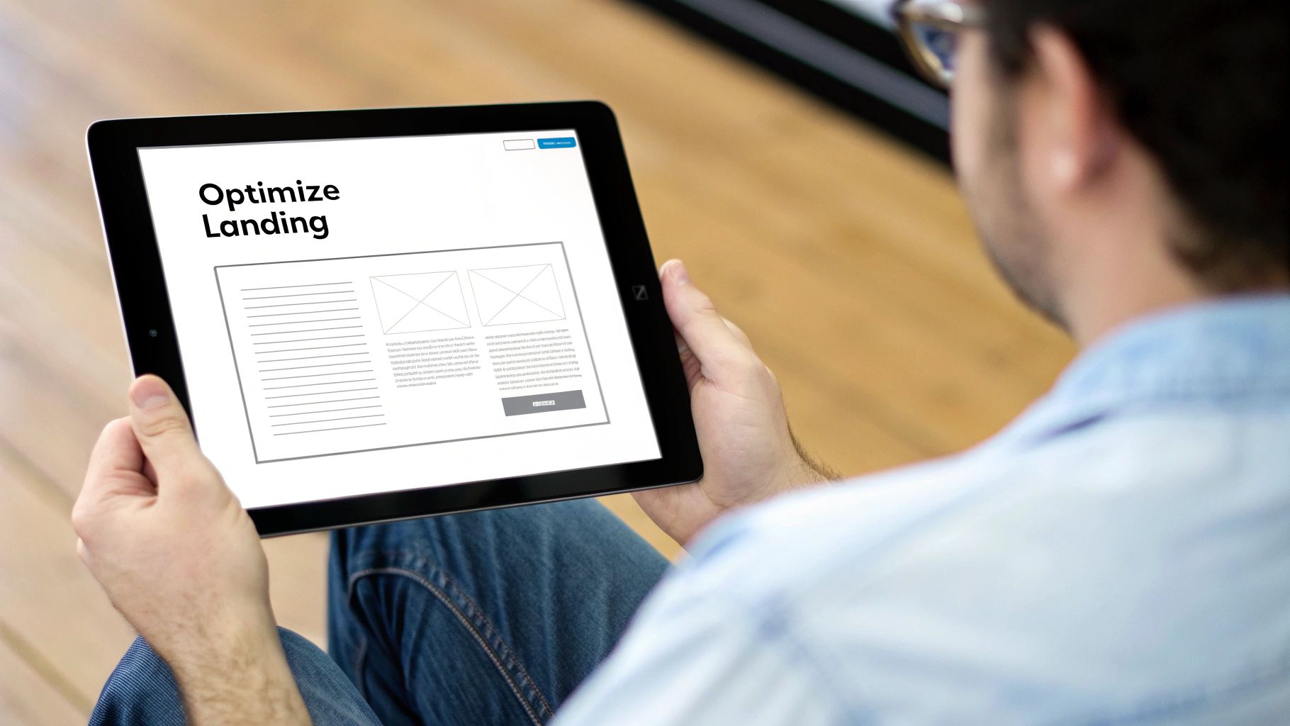 Person using tablet to review PPC landing page wireframe