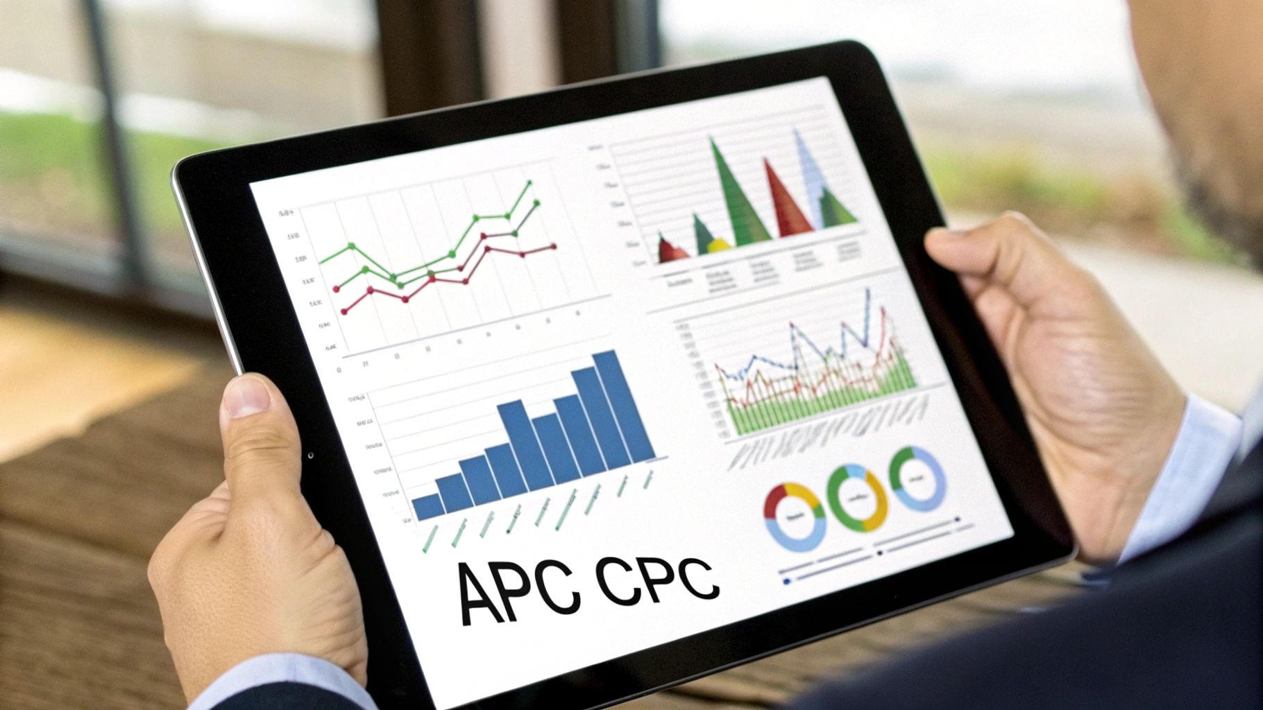 Tracking Google Ads Cost Performance Metrics Tablet screen displaying APC and CPC charts related to Google Ads Cost.