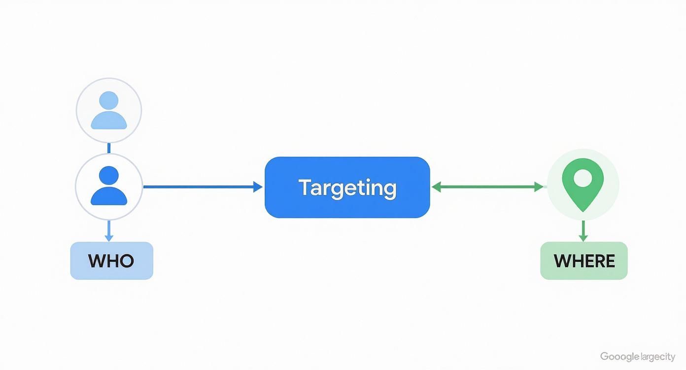 Google Ads Display Network Targeting – Who and Where Google Ads Display Network targeting flowchart showing audience and location