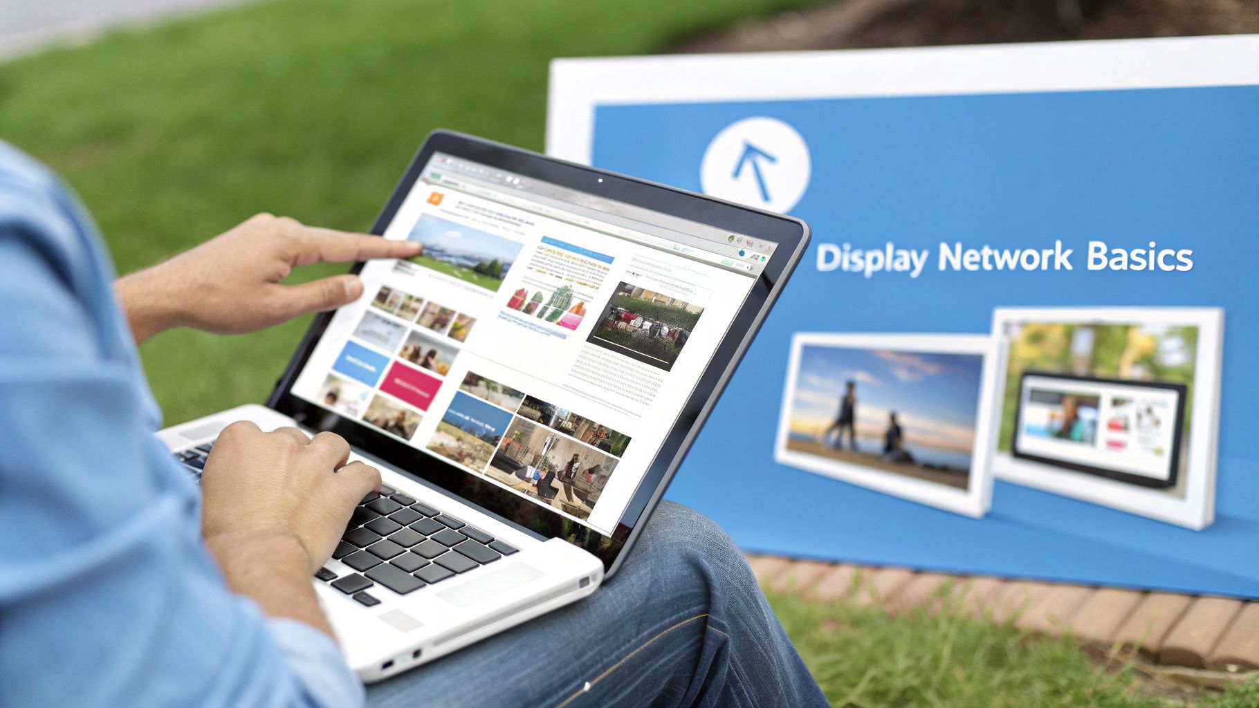 Google Ads Display Network Basics Explained Person using laptop to browse Google Ads Display Network interface outdoors