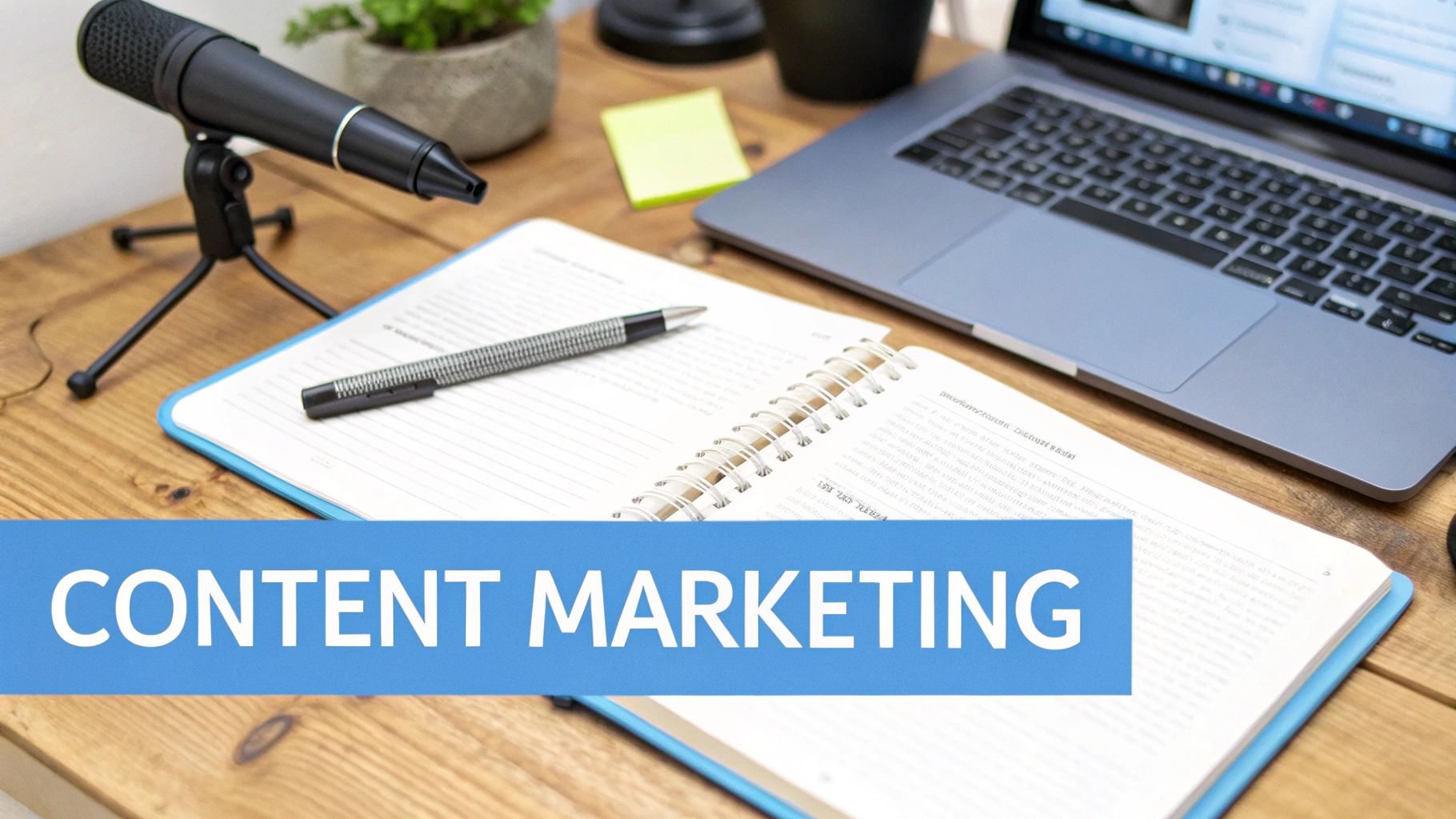 Microphone, notebook, and laptop on desk symbolising content marketing strategy for Marketing for Small Business Tips