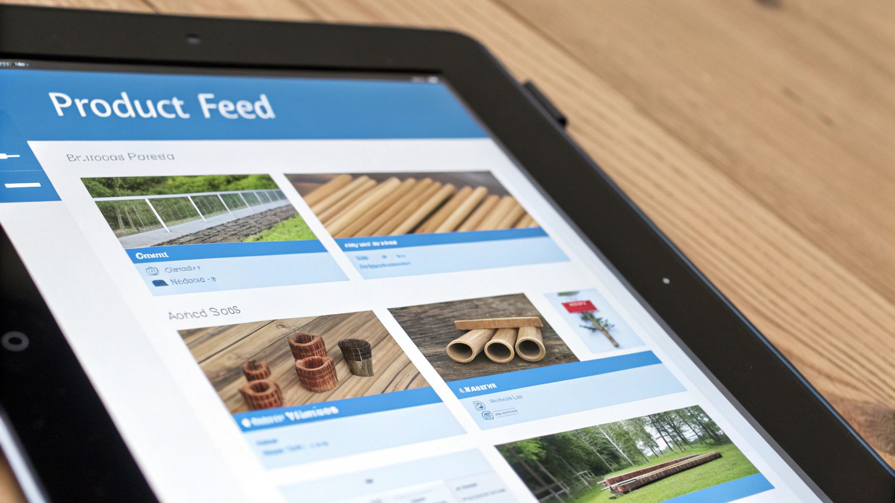 A close-up of a tablet screen displaying a 'Product Feed' with images of building materials and nature.