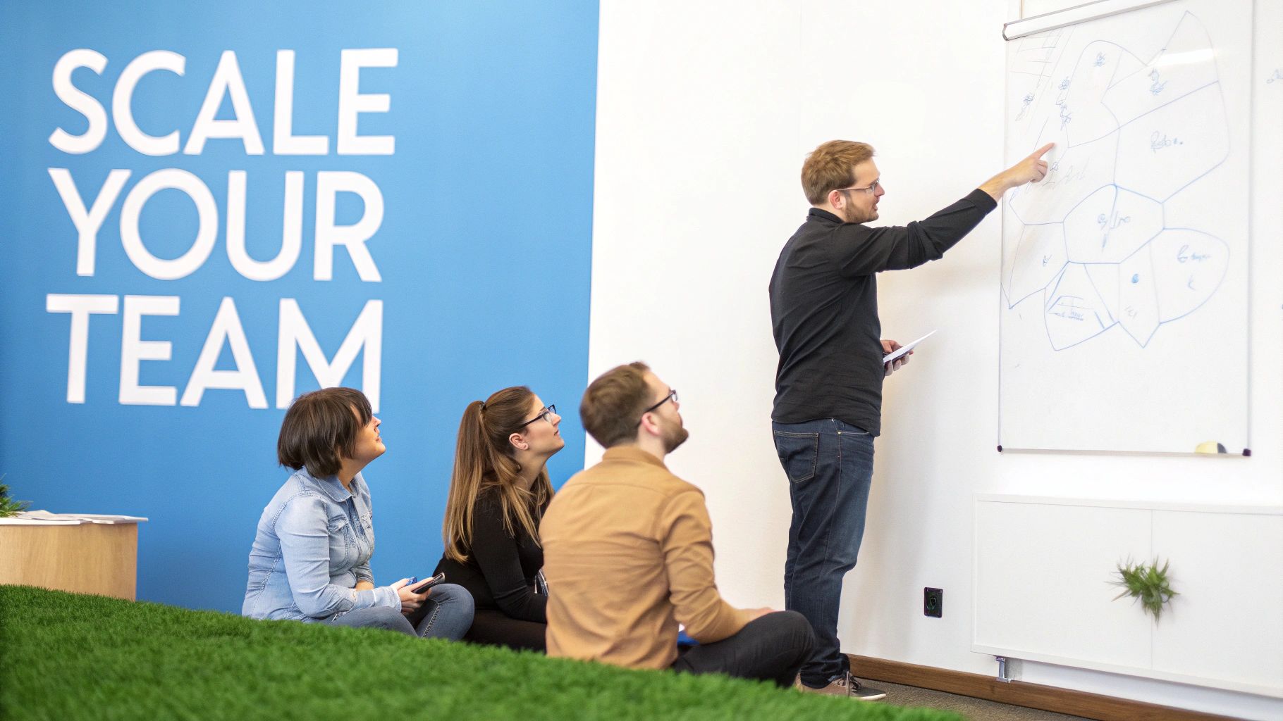 How to Scale a Business for Sustainable Growth – Team Scaling Strategy Team planning session with whiteboard strategy, showcasing How to Scale a Business for Sustainable Growth