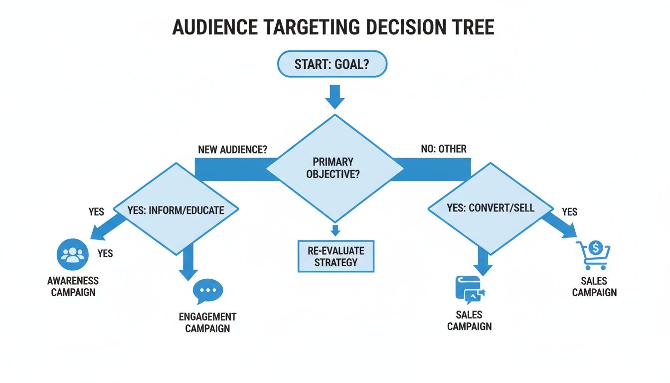 Targeting in Advertising Decision Tree for Smarter Campaigns Targeting in Advertising decision tree showing how marketers choose campaigns based on audience goals and intent