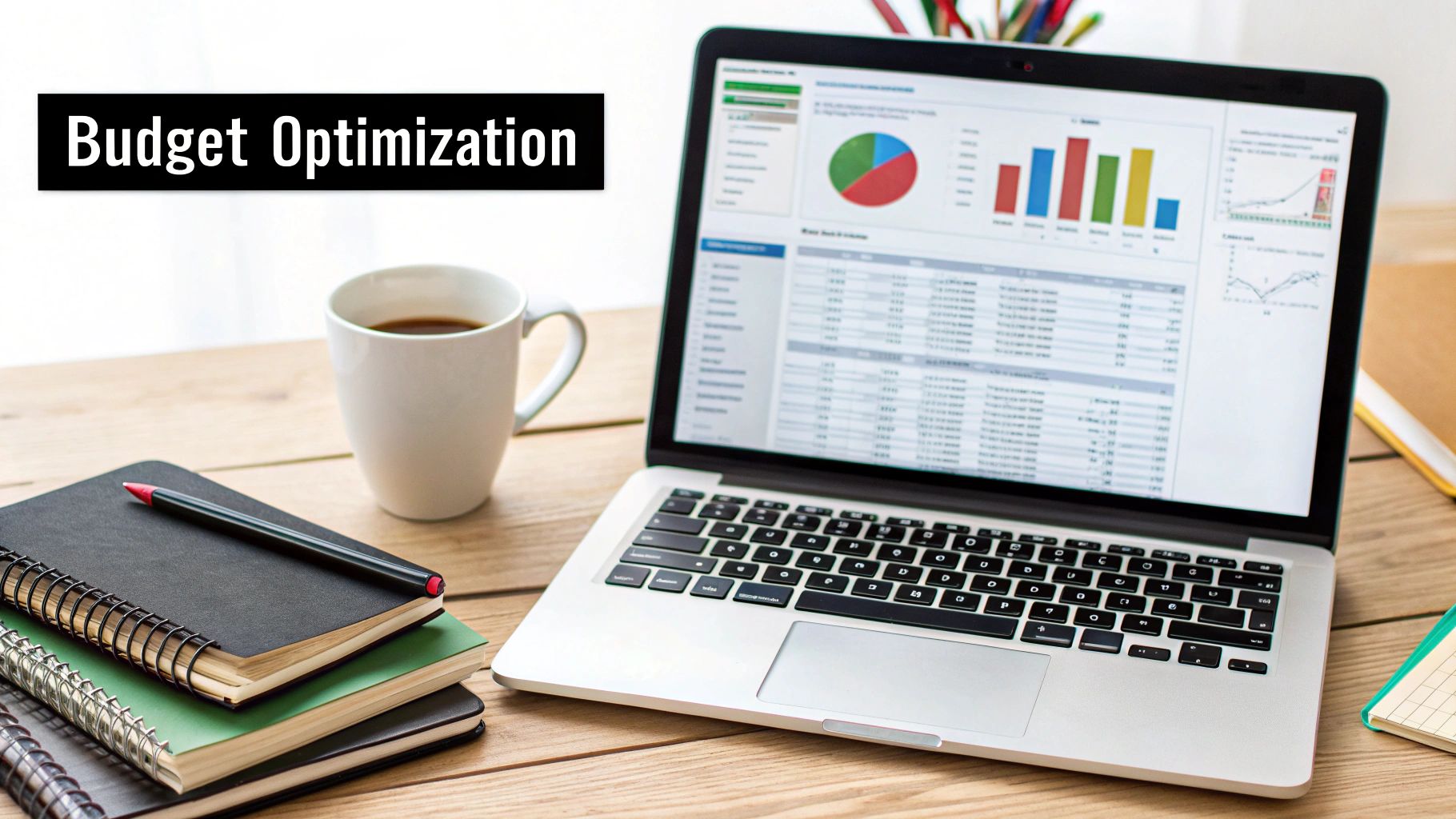 A laptop displaying charts and graphs, with the text "Budget Optimization" overlaid, suggesting the process of managing Google AdWords PPC Cost. 