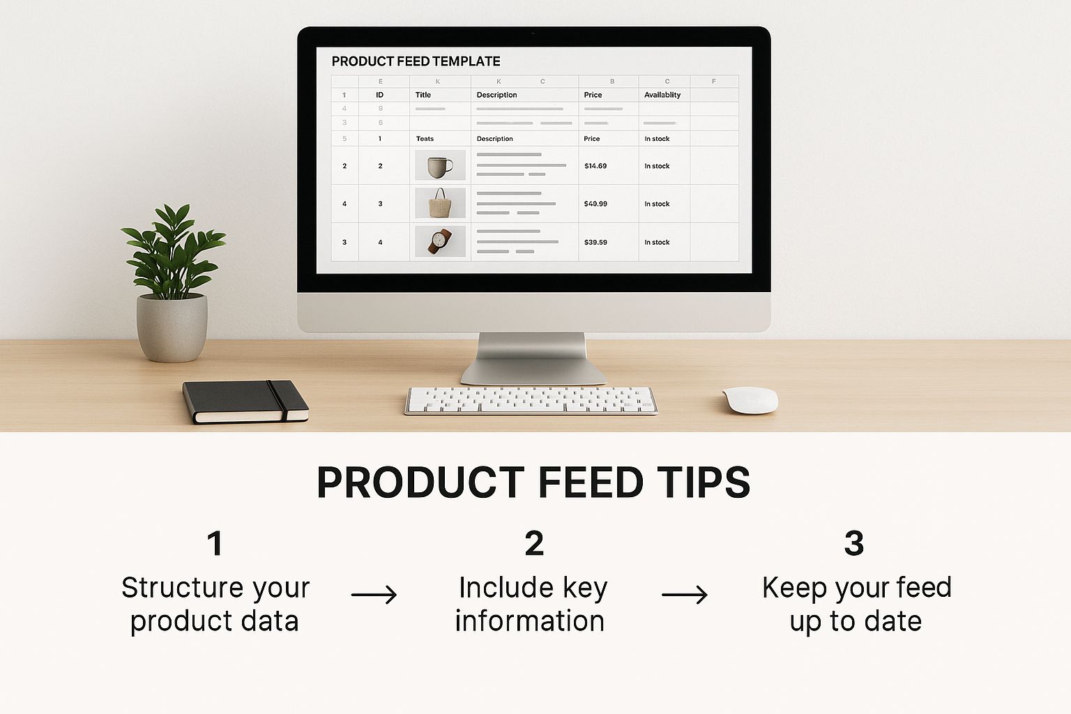 Product Feed Tips for Google Shopping Ads for Ecommerce Product feed tips on structuring data for Google Shopping Ads for Ecommerce displayed on a computer screen.