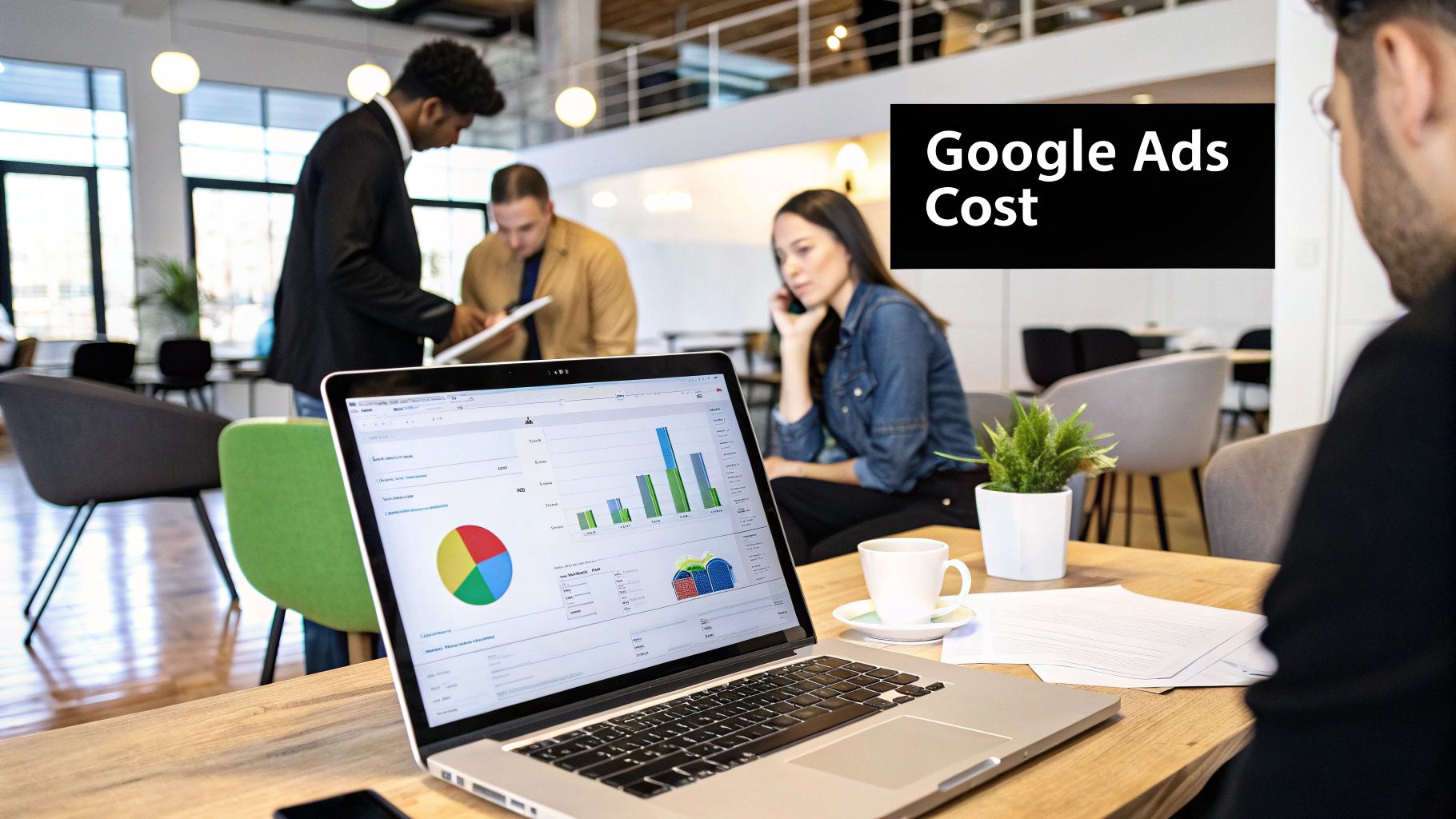 Laptop showing Google Ads dashboard in a modern office — How Much Does Advertising Cost on Google explained for businesses.