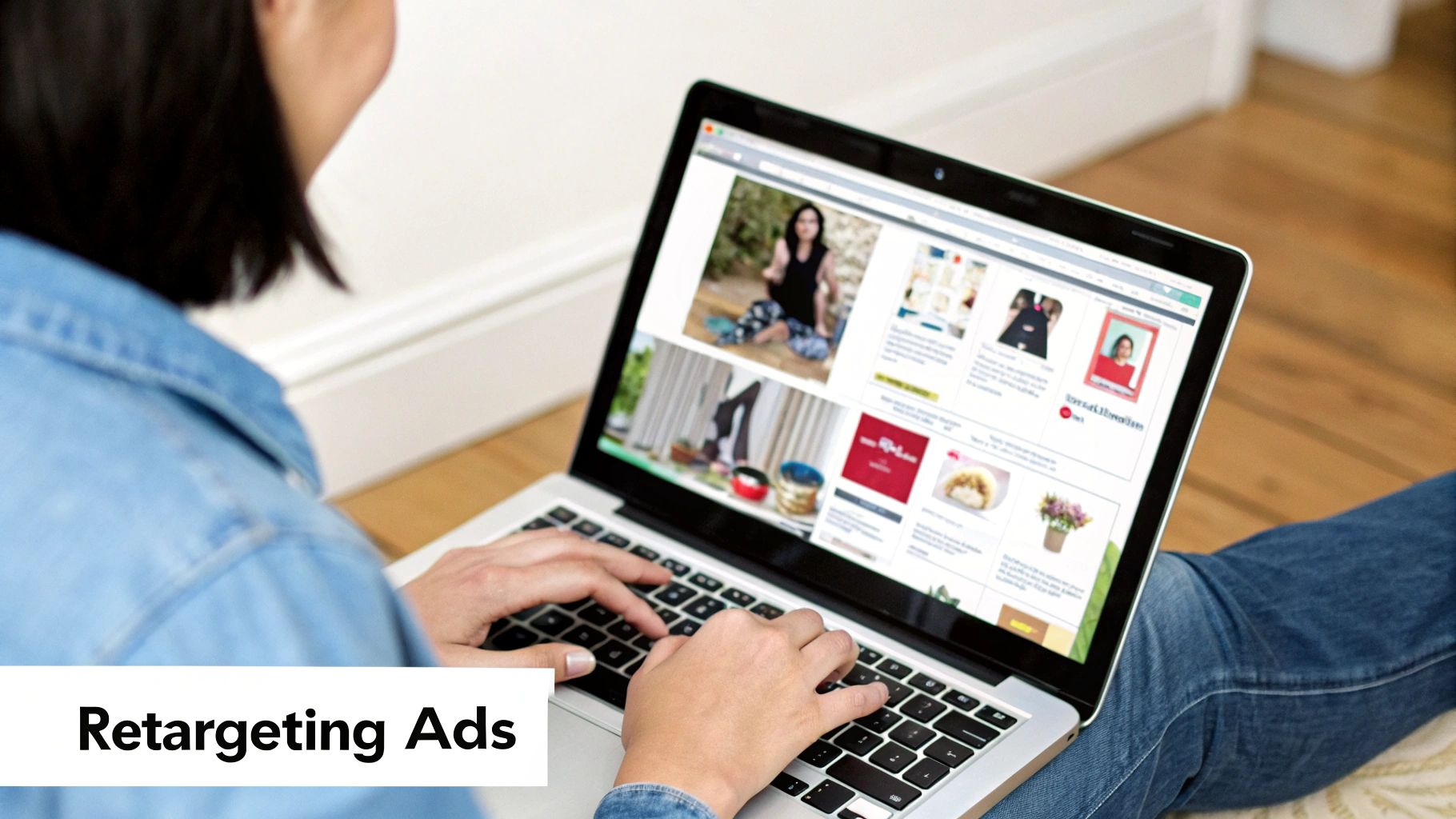 Retargeting Advertising in Action on Desktop Browsing Person viewing retargeting advertising banners on a laptop screen