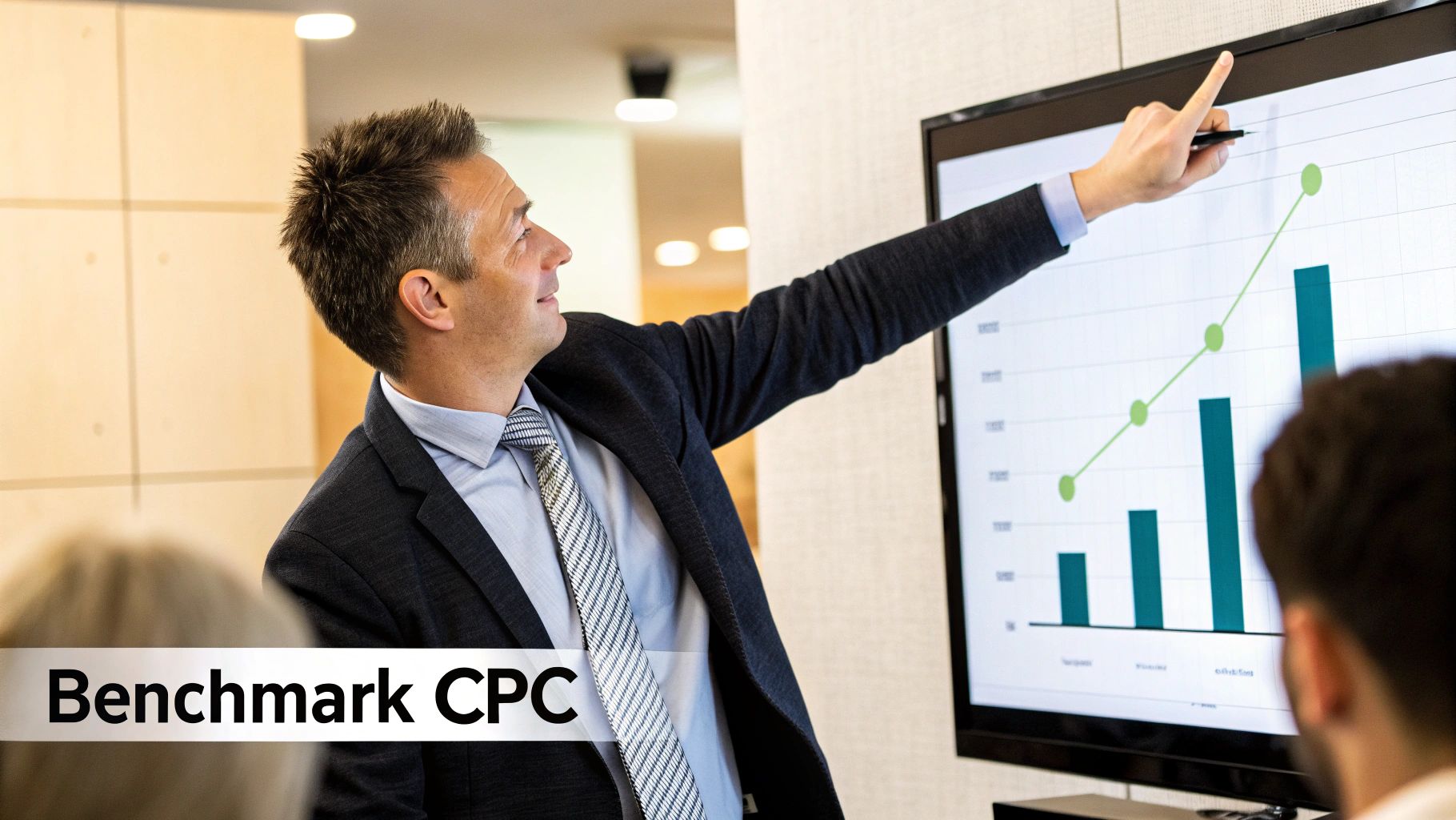 Man presenting benchmark data on Google Ads Cost Per Click
