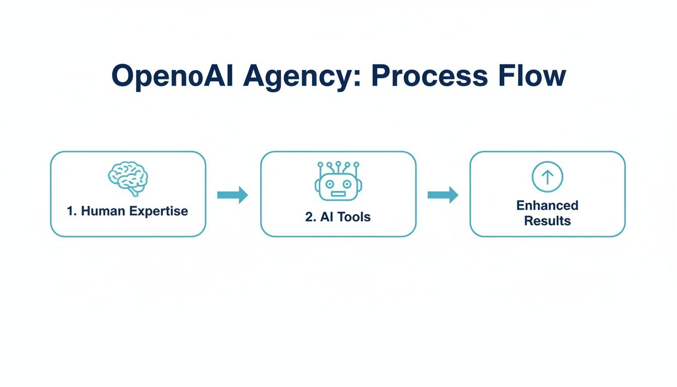 OpenAI Advertising Agency Process Flow OpenAI Advertising Agency process flow showing human expertise, AI tools and enhanced advertising results