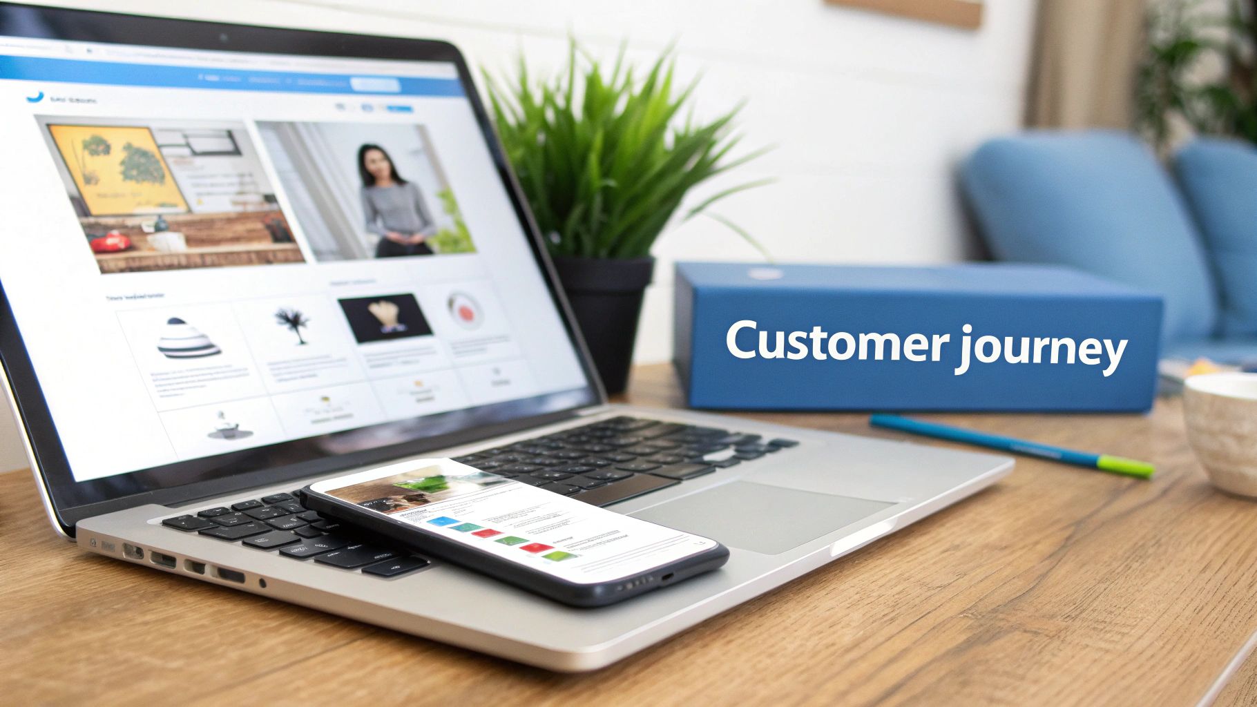 Laptop and smartphone on a desk, displaying web content, with a 'Customer journey' box in the background.