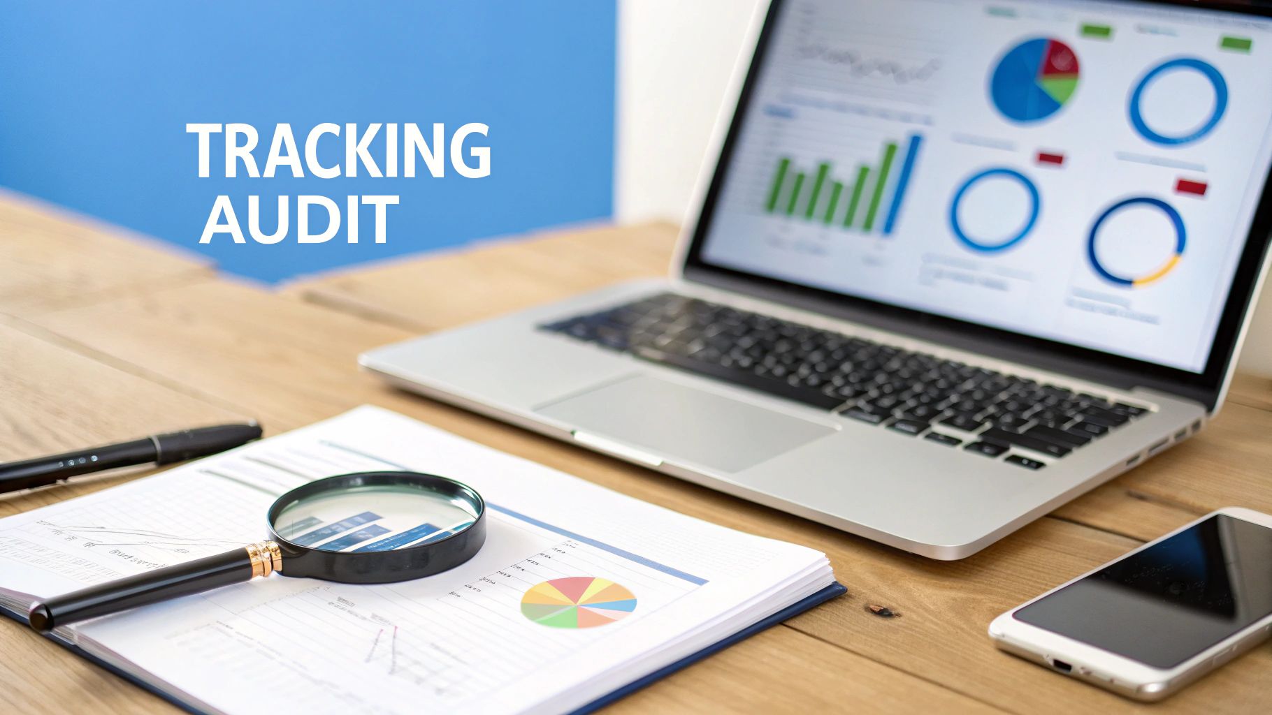 A desk with a laptop showing data analytics, a magnifying glass on charts, and 'TRACKING AUDIT' text.