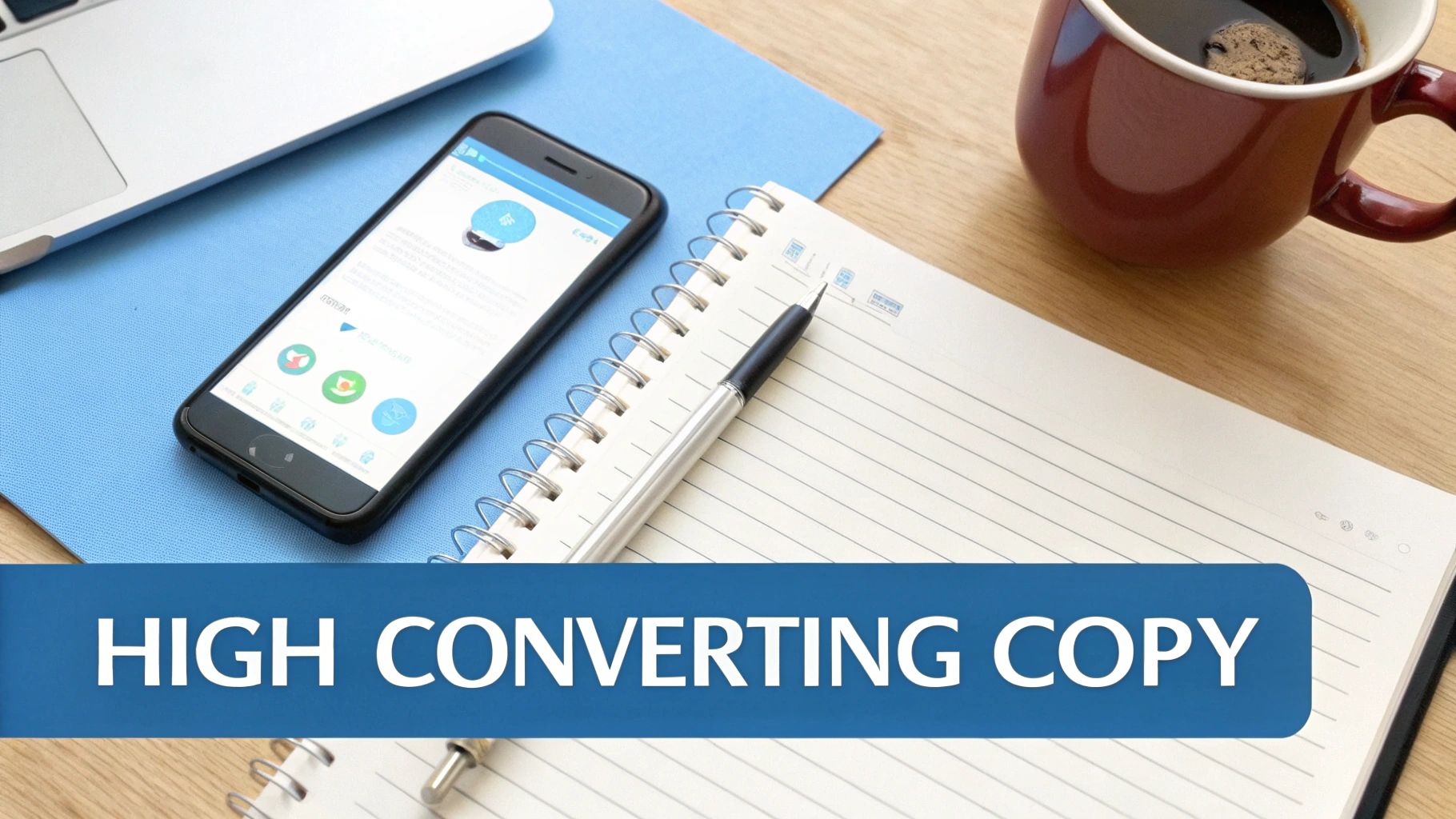 ChatGPT Ad Consultant High-Converting Copy Workspace Workspace with notebook, smartphone and coffee representing high-converting copywriting supported by a ChatGPT Ad Consultant