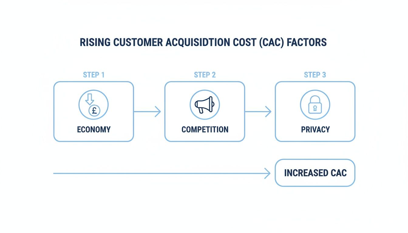 Reduce Customer Acquisition Cost by Understanding Rising CAC Factors Diagram showing economy, competition and privacy as key factors that reduce customer acquisition cost efficiency and increase CAC