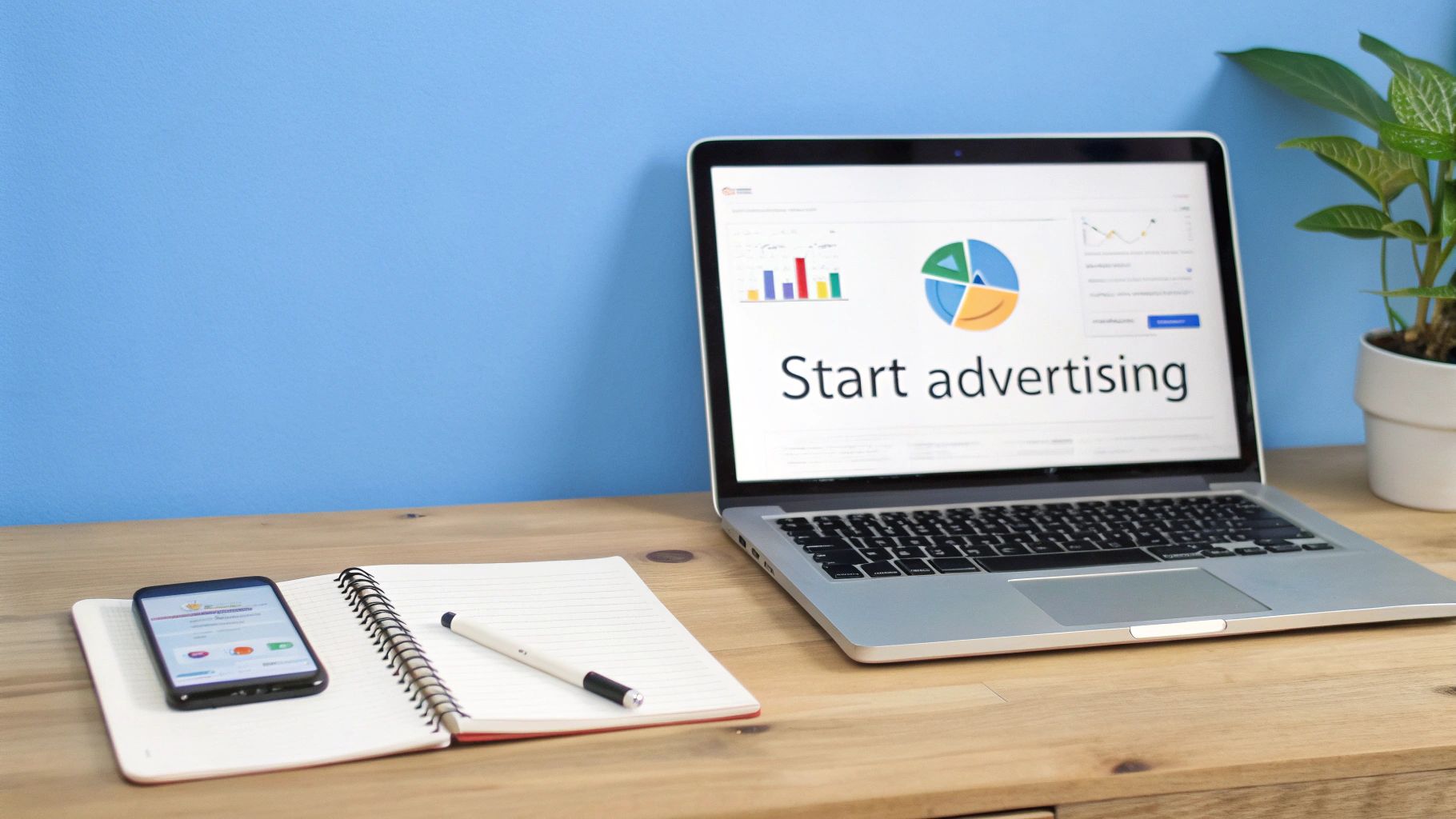 Laptop displaying 'Start advertising' with charts, a smartphone, and notebook on a wooden desk.