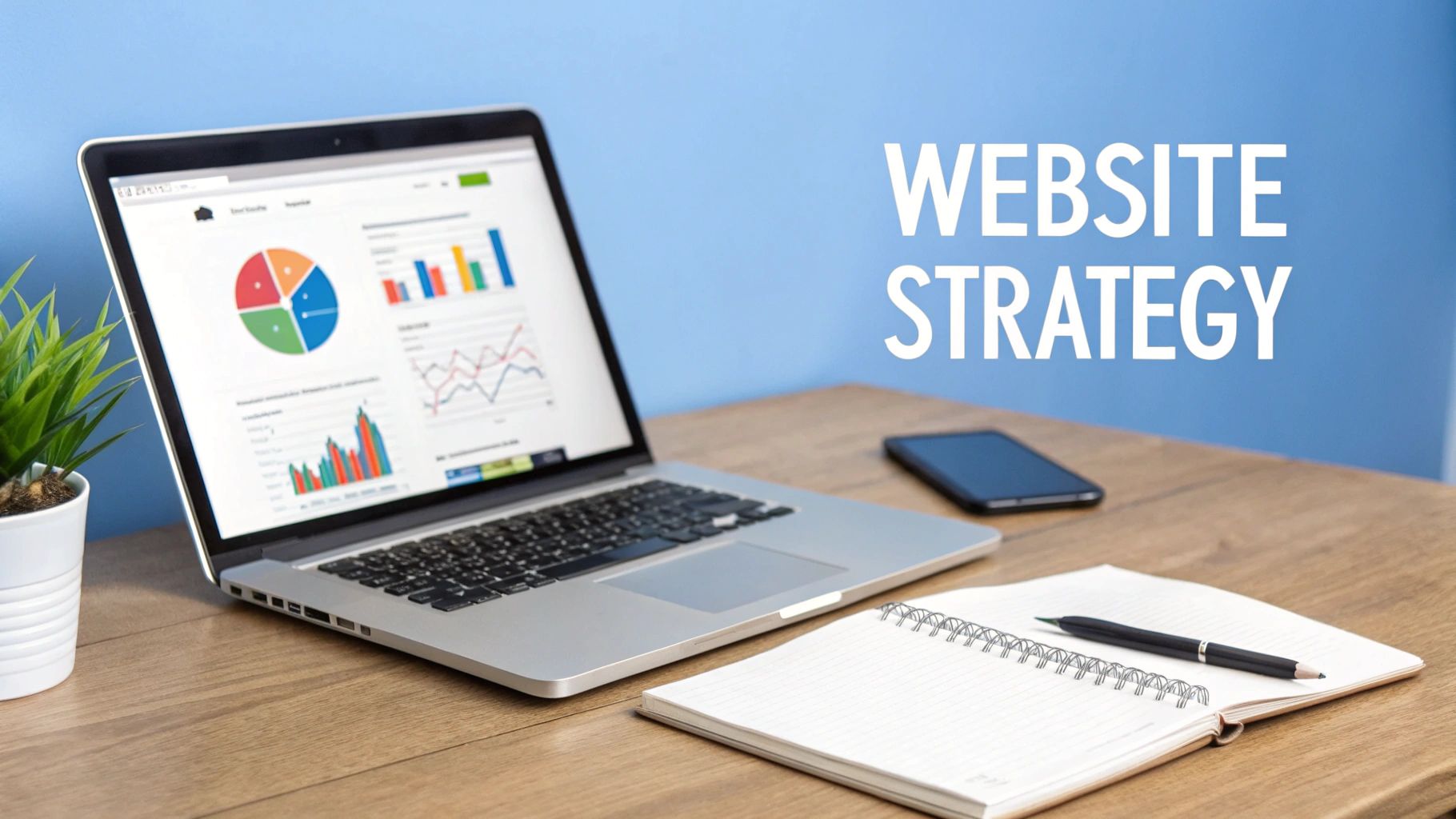 Website Marketing Strategy Dashboard Website Marketing strategy dashboard on laptop with charts and notes