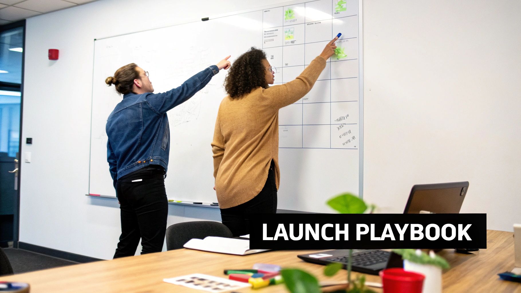 Team planning a ChatGPT Brand Partnerships launch playbook on a whiteboard