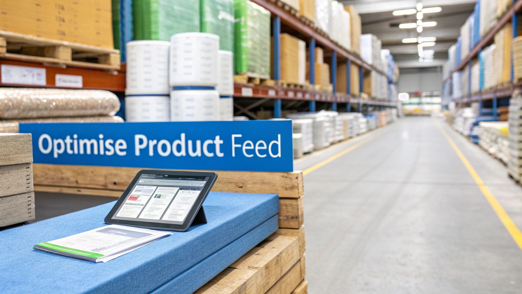 PPC for UK Building Product Distributors and Merchants Product Feed Optimisation PPC for UK Building Product Distributors and Merchants demonstrating product feed optimisation inside a building materials warehouse