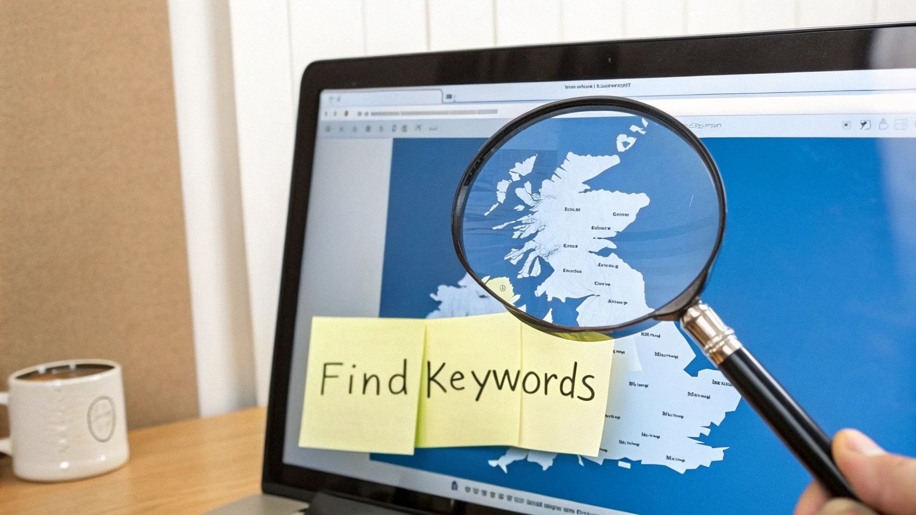 A hand holds a magnifying glass over a laptop screen showing a map and 'Find Keywords' sticky notes, suggesting SEO research.