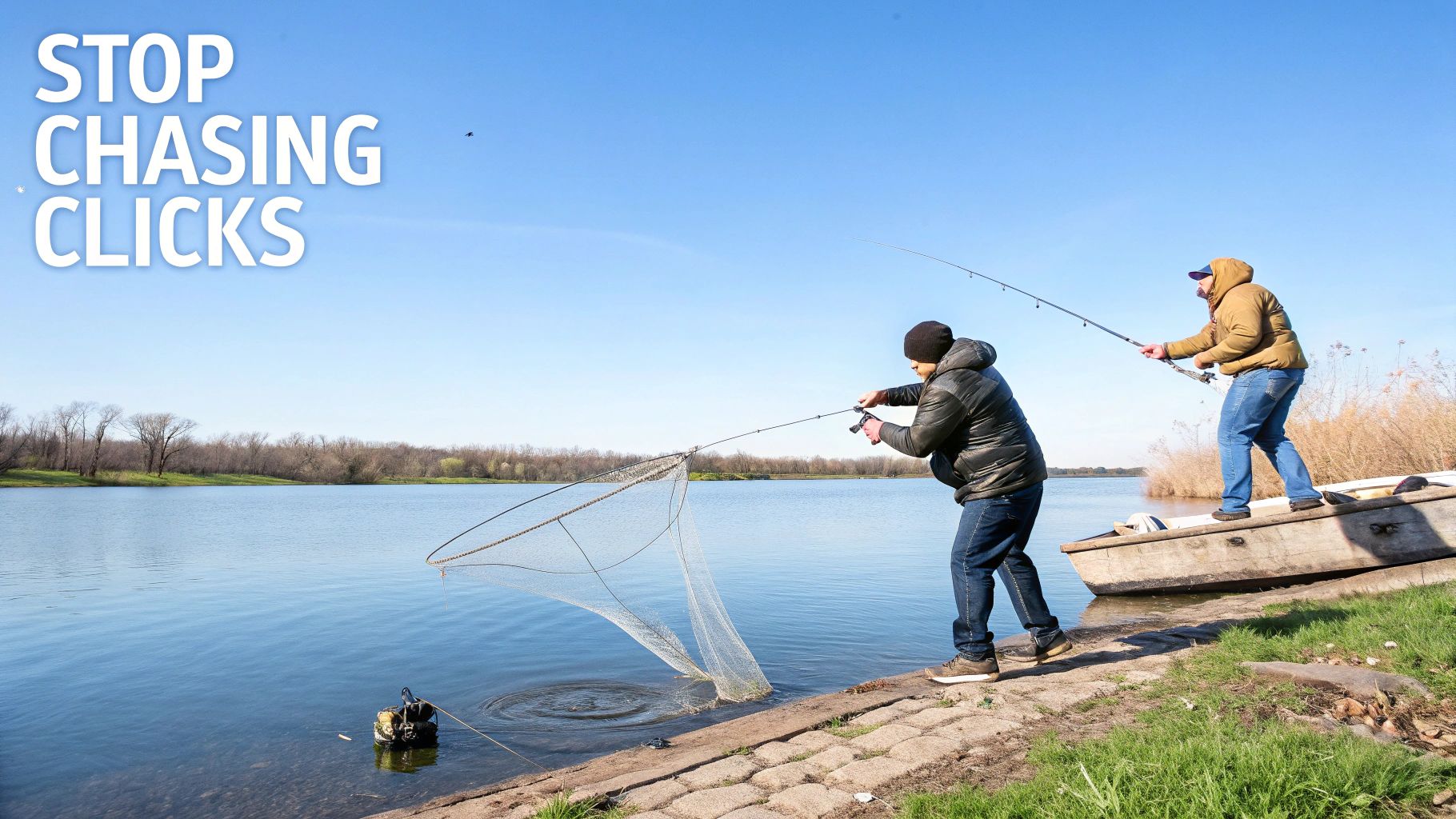 B2B PPC Strategy – Stop Chasing Clicks B2B PPC strategy concept shown through fishermen working together instead of chasing clicks