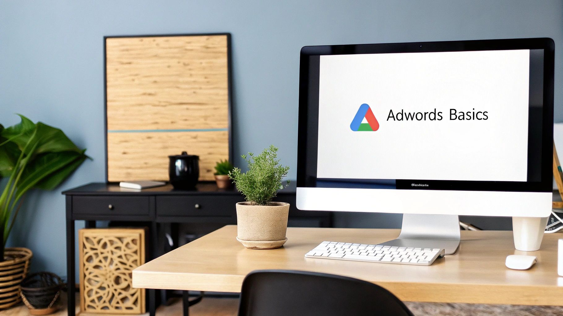 A desktop computer displaying "Adwords Basics" on its screen, indicating foundational knowledge related to Google AdWords PPC Cost.