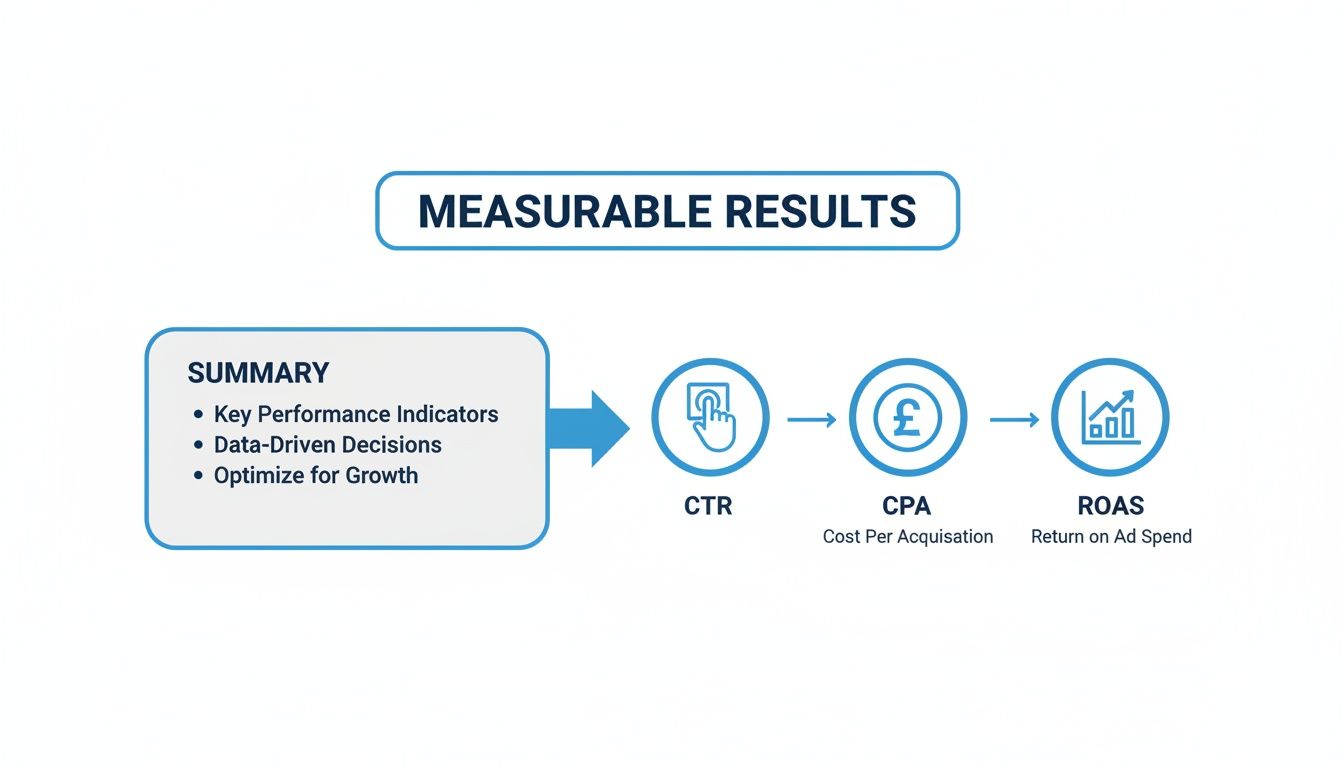 A diagram showing measurable results in digital marketing, including CTR, CPA, and ROAS.