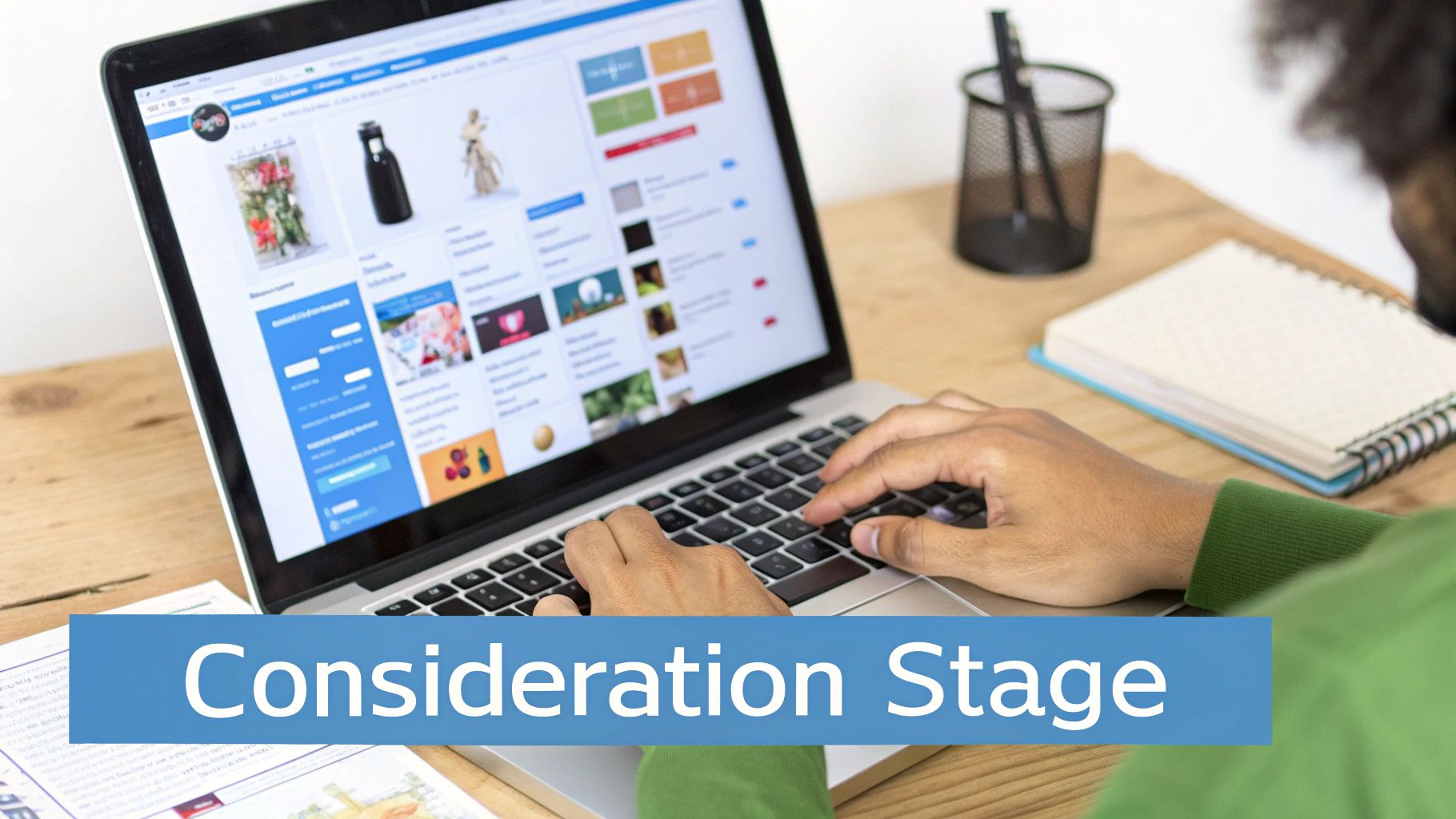 Person typing on laptop, viewing an e-commerce site with product images, at a wooden desk.