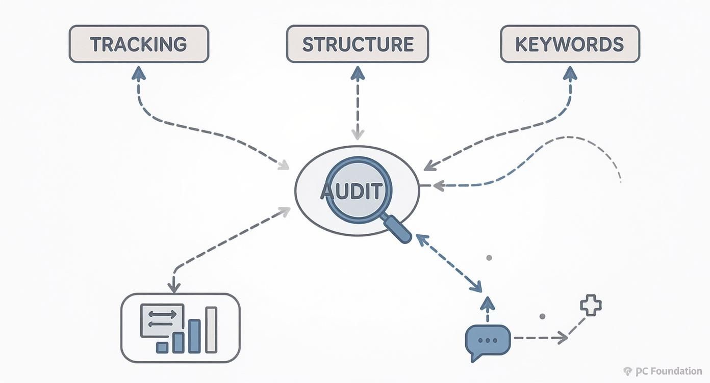 D2C PPC audit diagram showing tracking, structure, and keyword foundations